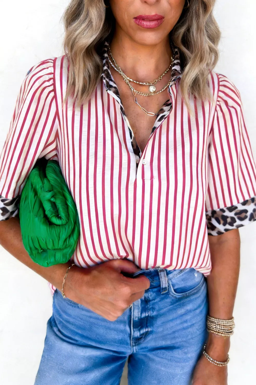 Leopard Trim Striped Button Up Shirt Secondary image