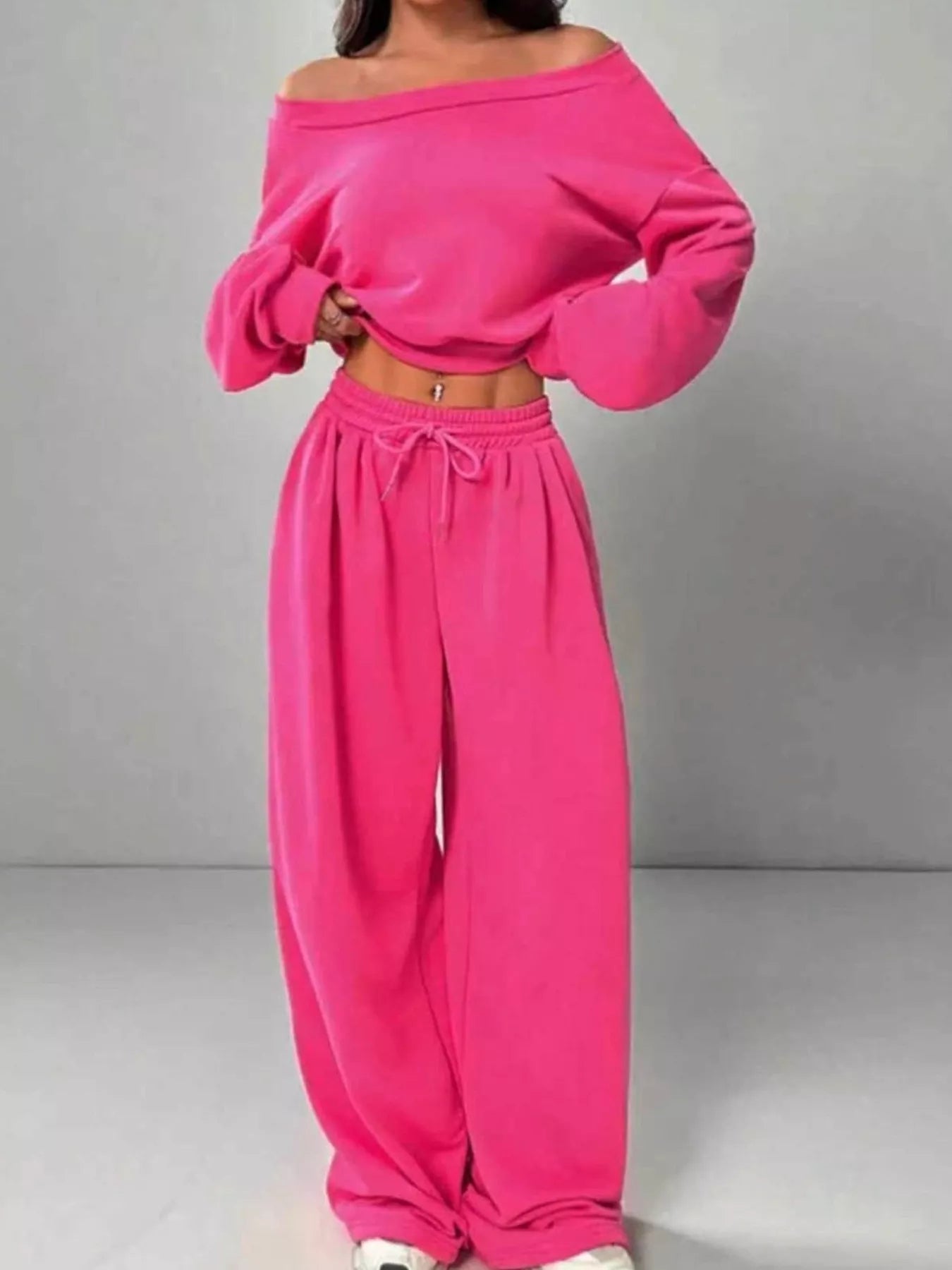 Boat Neck Long Sleeve Top and Pants Set Secondary image