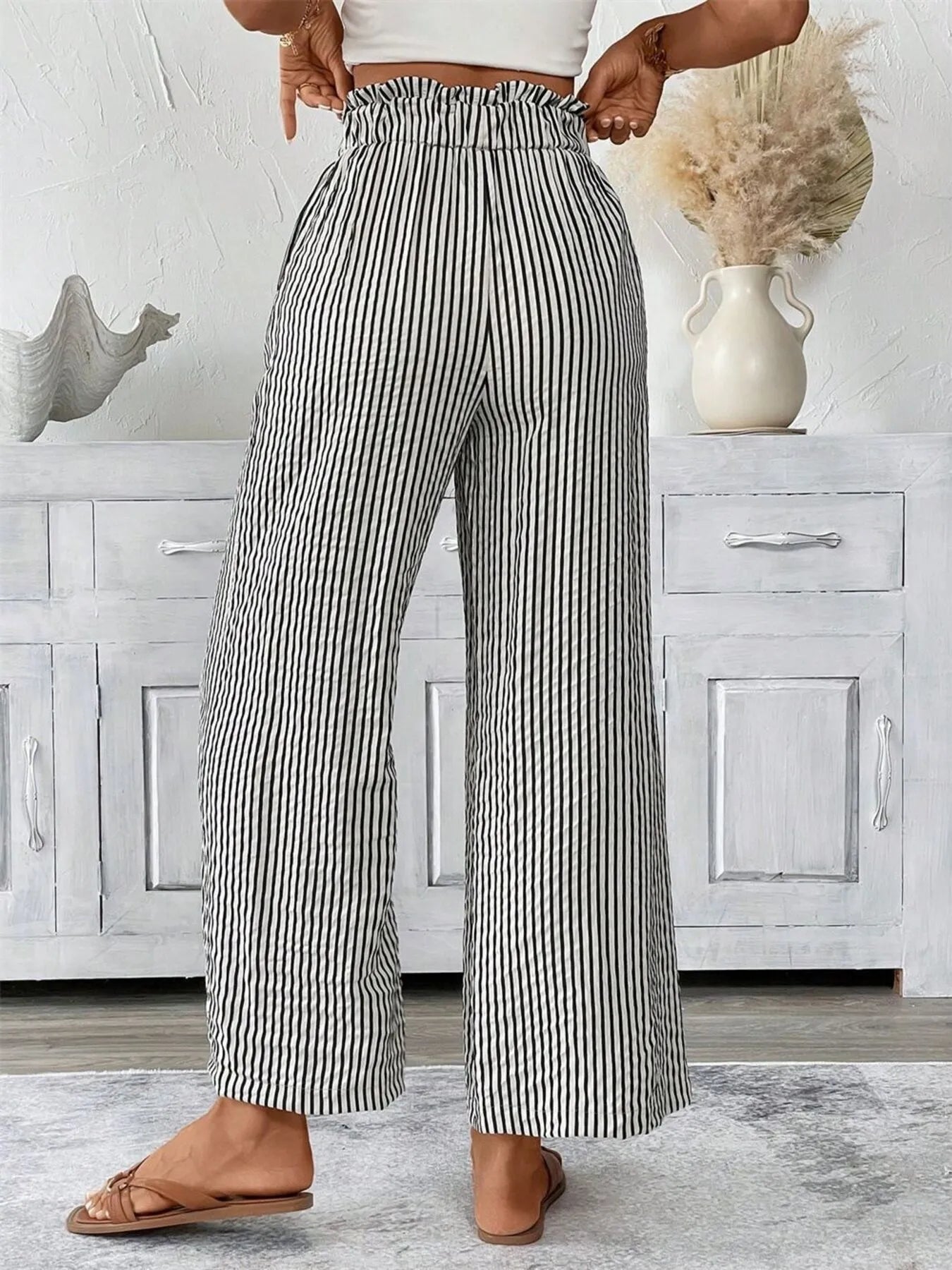 Full Size Striped Wide Leg Paper Bag Pants Plus Size Secondary image
