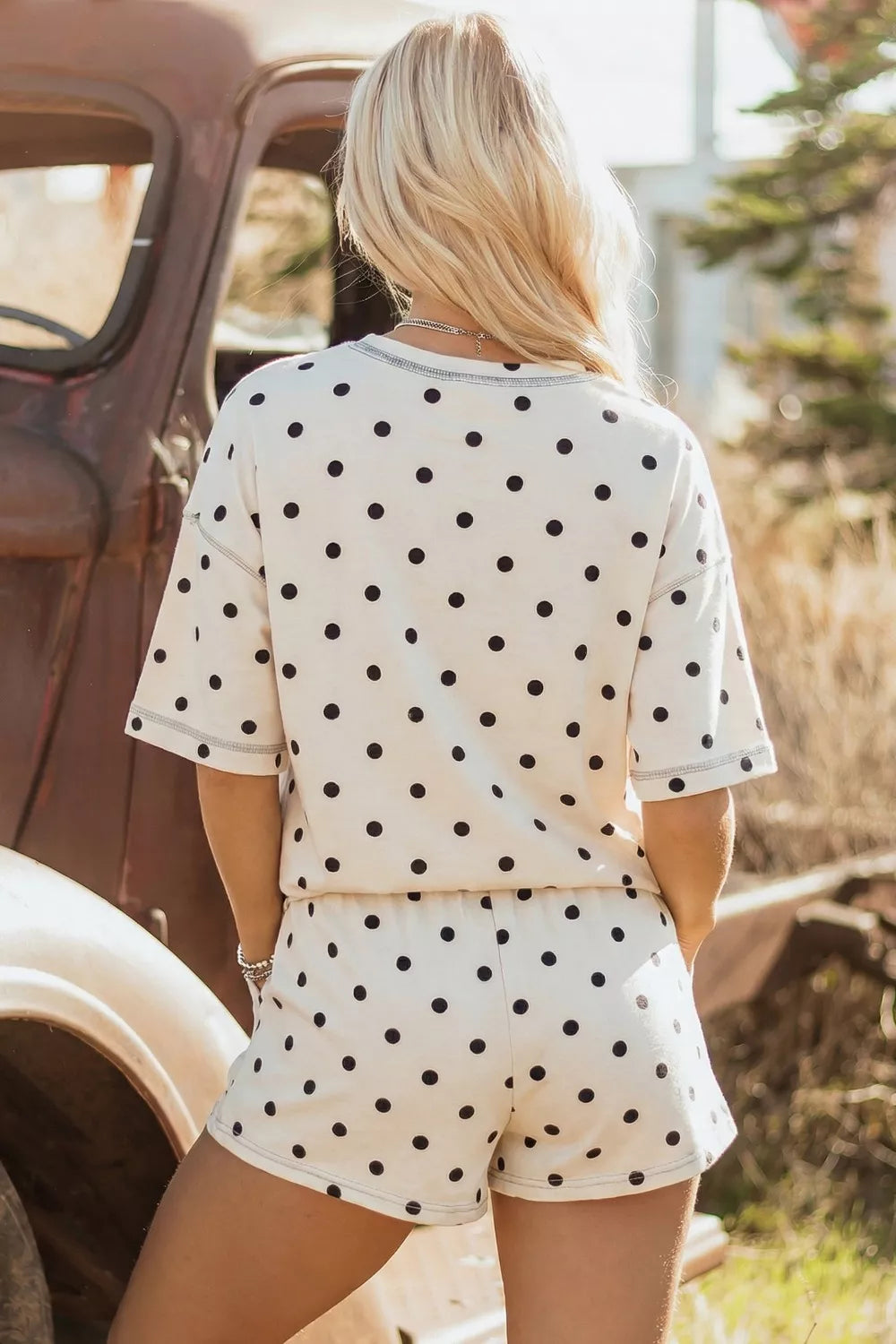 Exposed Seam Detail Polka Dot Loose Tee Drawstring Shorts Set Secondary image