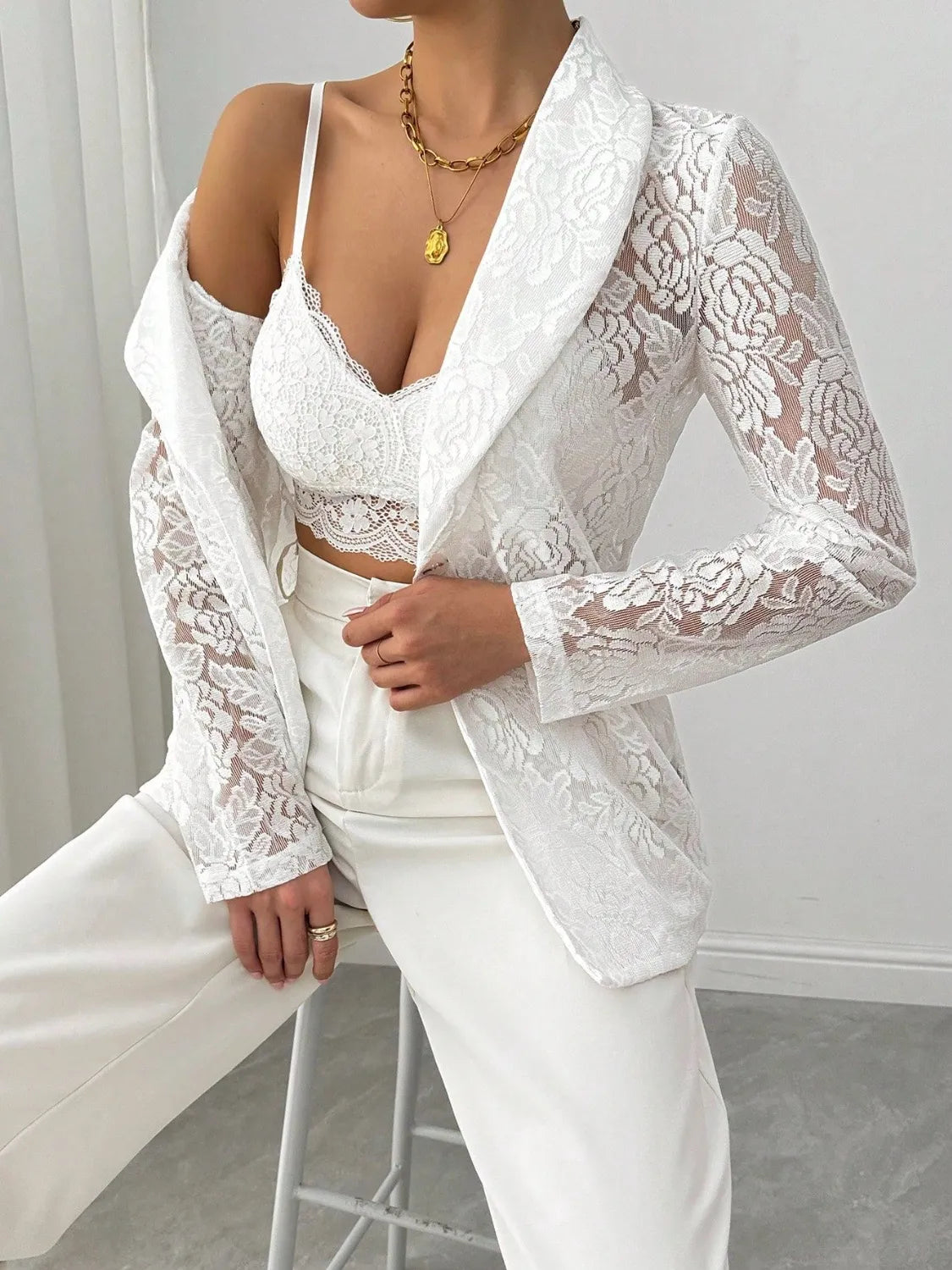 Lace Lapel Collar Long Sleeve Blazer - photo 4