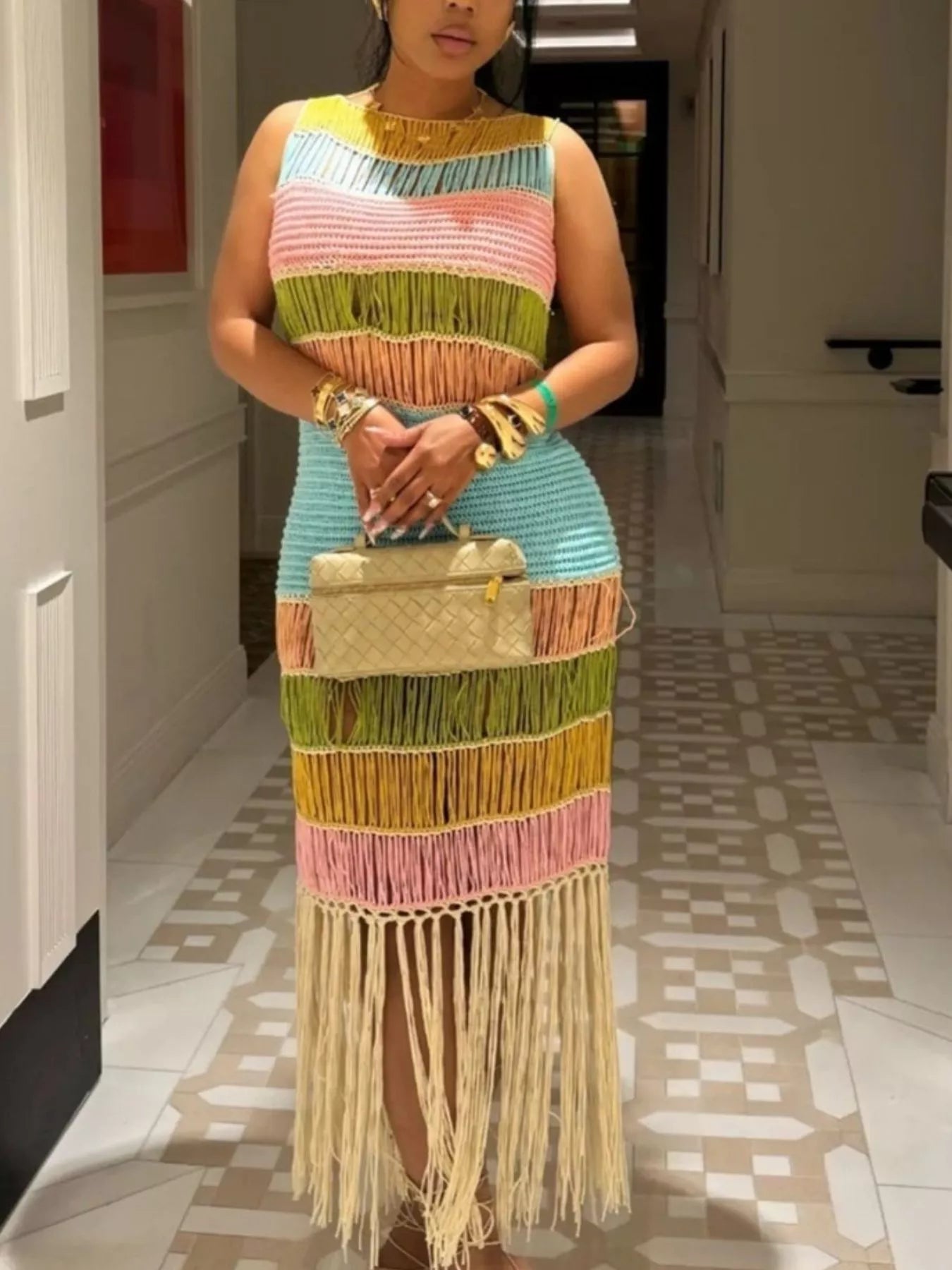 Fringe Crochet Knit Color Block Maxi Dress Secondary image