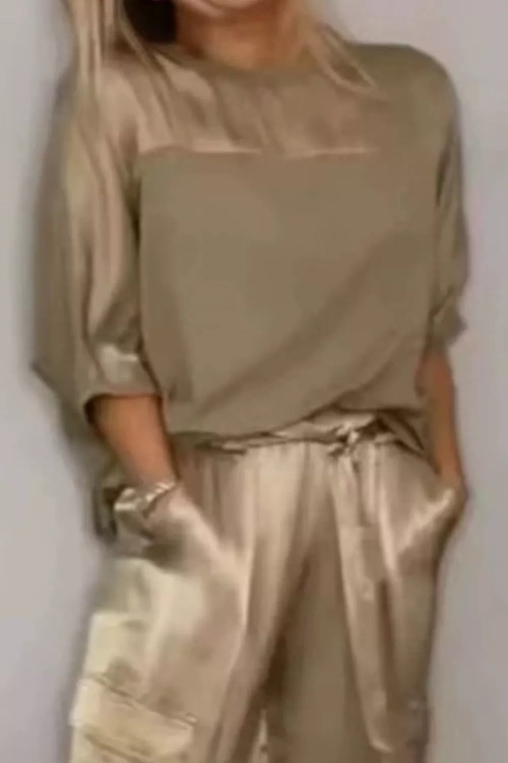 Satin Round Neck Top and Pants Set Secondary image