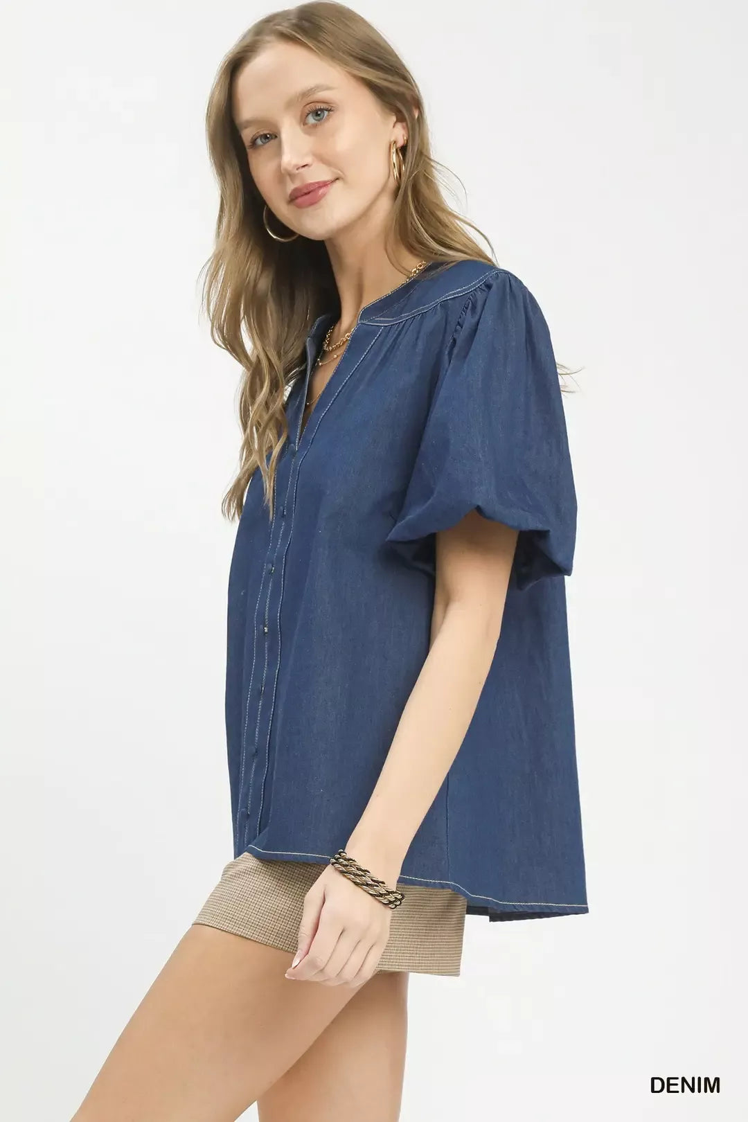 Umgee Denim Button Front Puff Sleeve Boho Blouse Secondary image