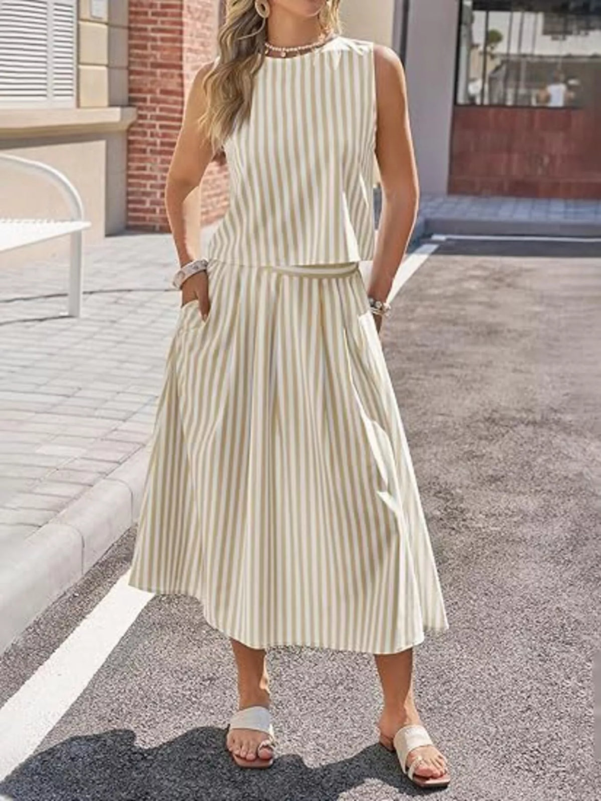 Striped Sleeveless Top and Midi Skirt Two-Piece Set - photo 7