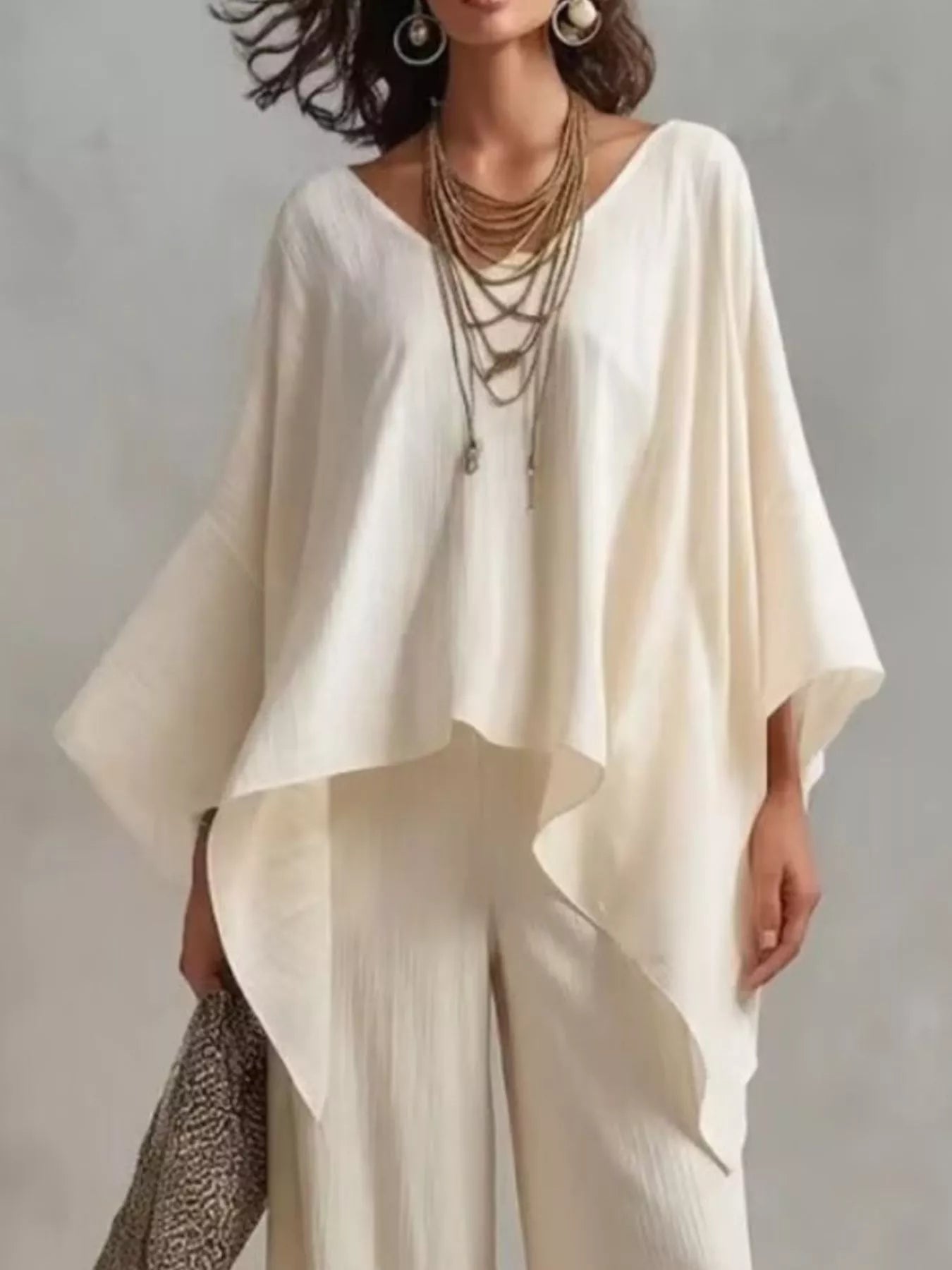 Full Size V-Neck Batwing Sleeve Top and Wide-Leg Pants Two-Piece Set Plus Size Secondary image