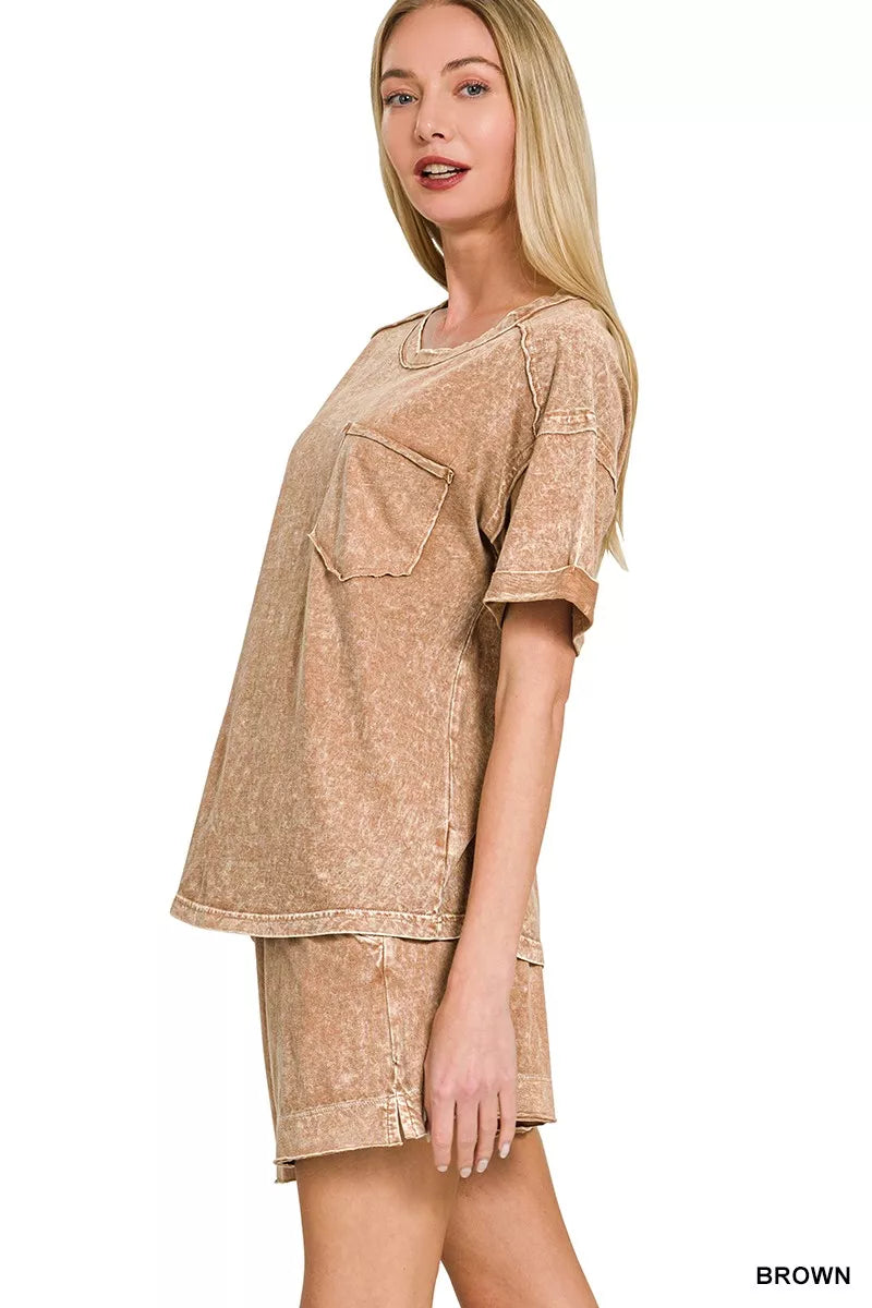 Zenana Halo Snow Washed Exposed Seam Top & Shorts Set Secondary image