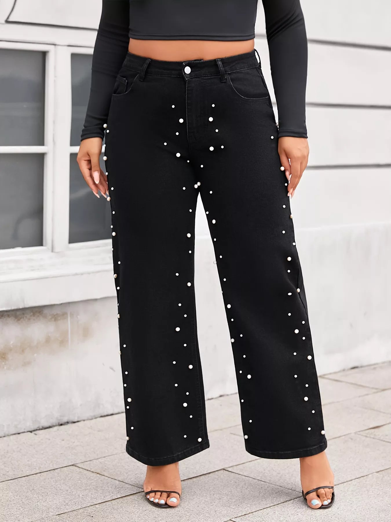 Plus Size Pearl Embellished Wide Leg Jeans Secondary image