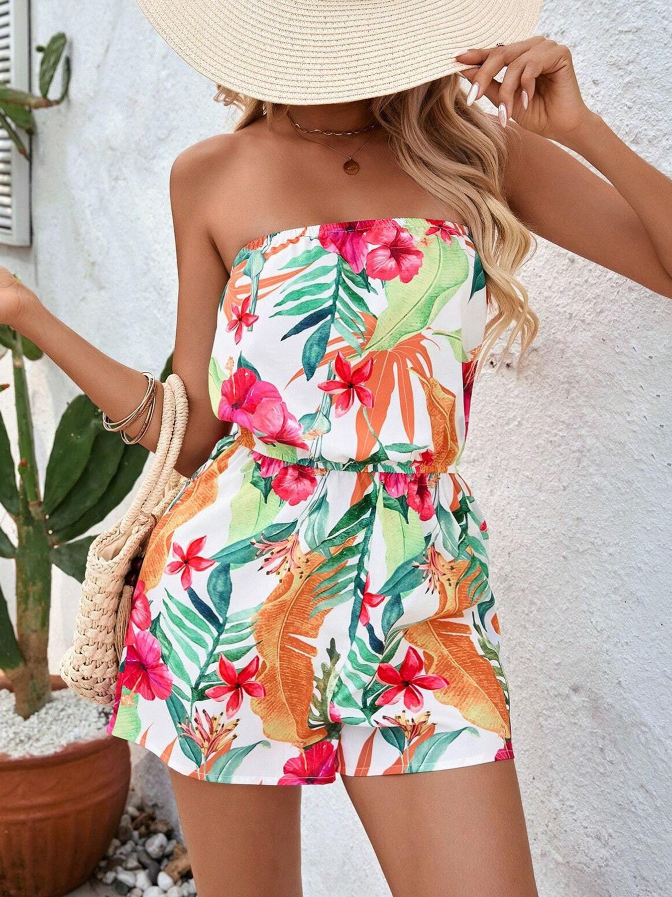 Tropical Print Strapless Elastic Waist Romper Secondary image