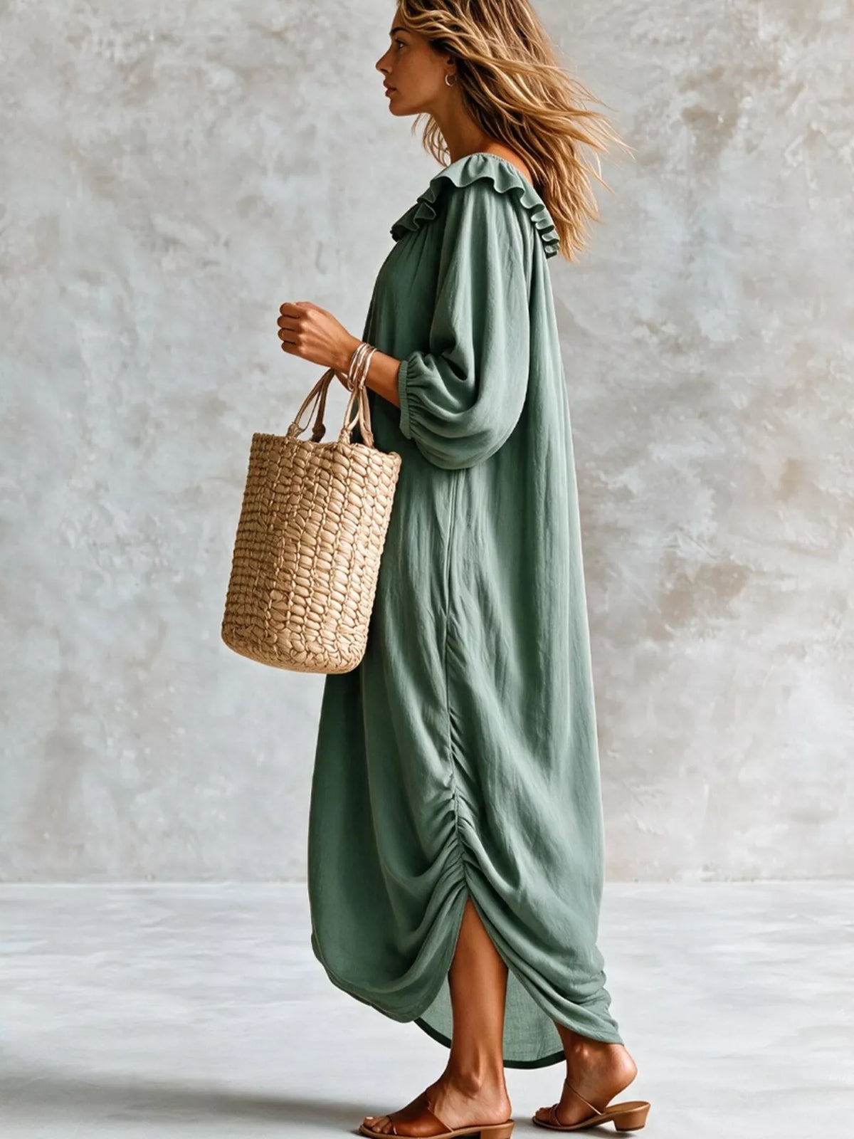 Ruffled Boat Neck Ruched Midi Dress - photo 9