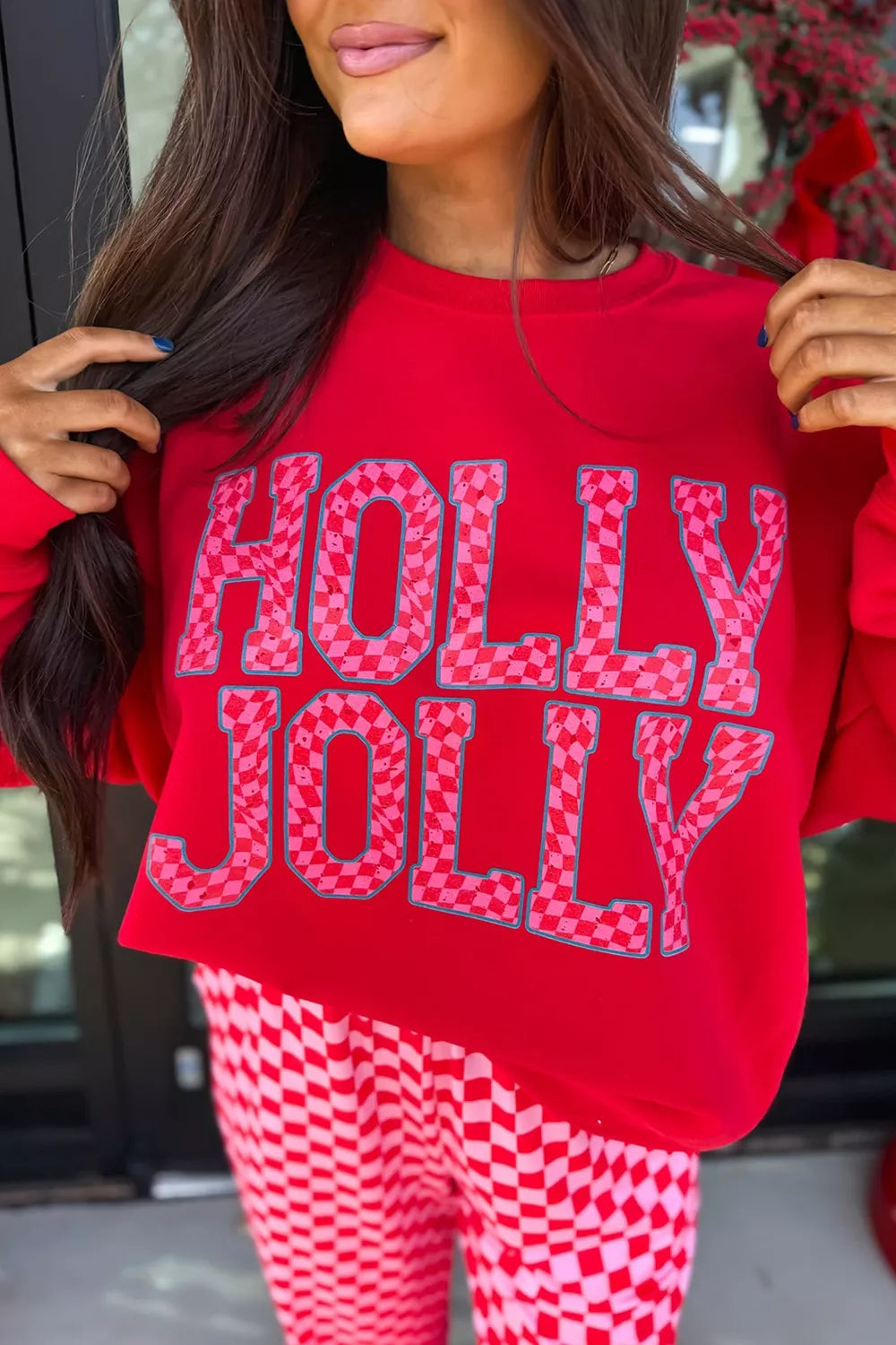 Christmas Slogan Graphic Plaid Contrast Top and Pants Set Secondary image