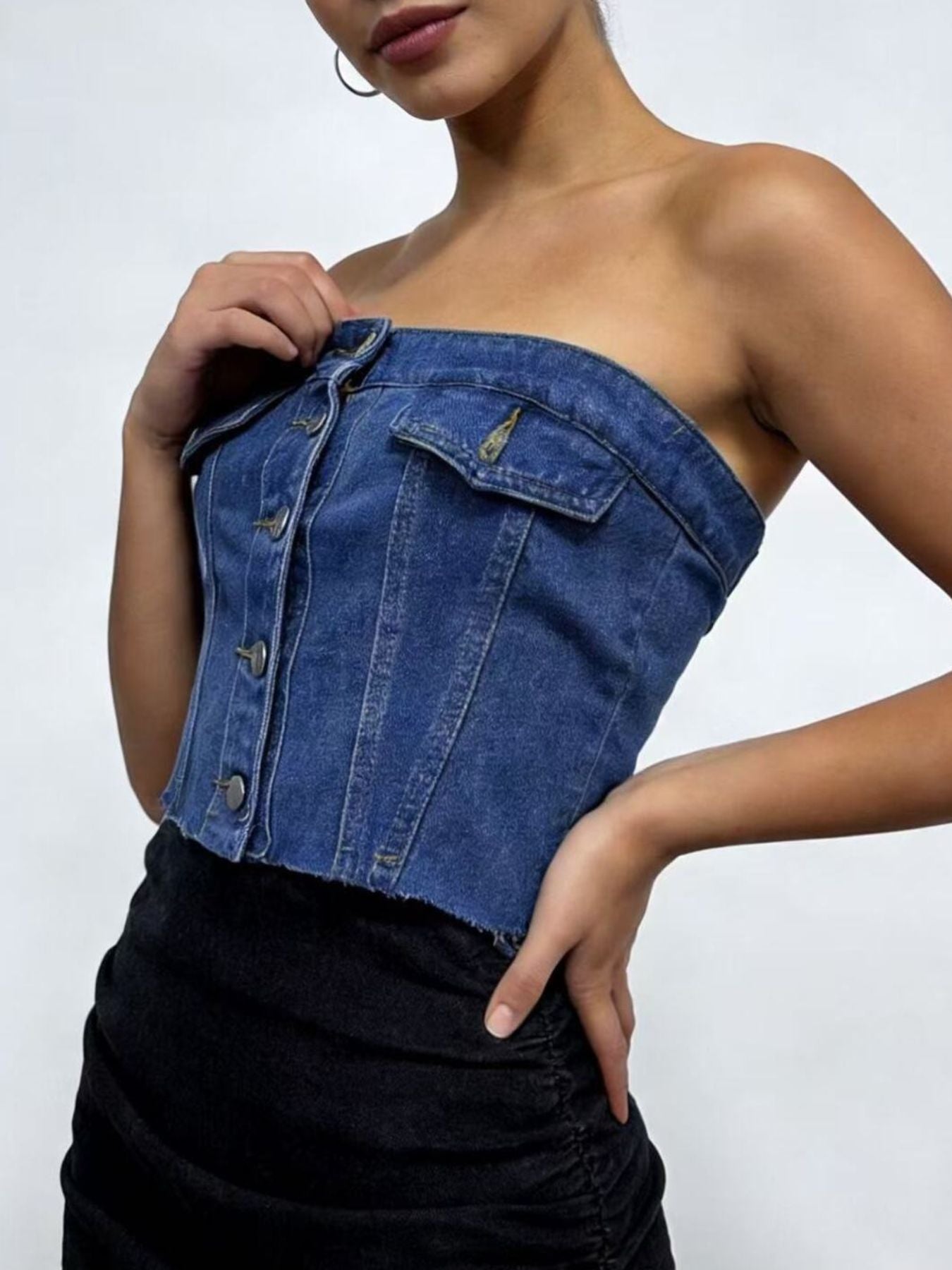 Button Front Denim Tube Top Secondary image