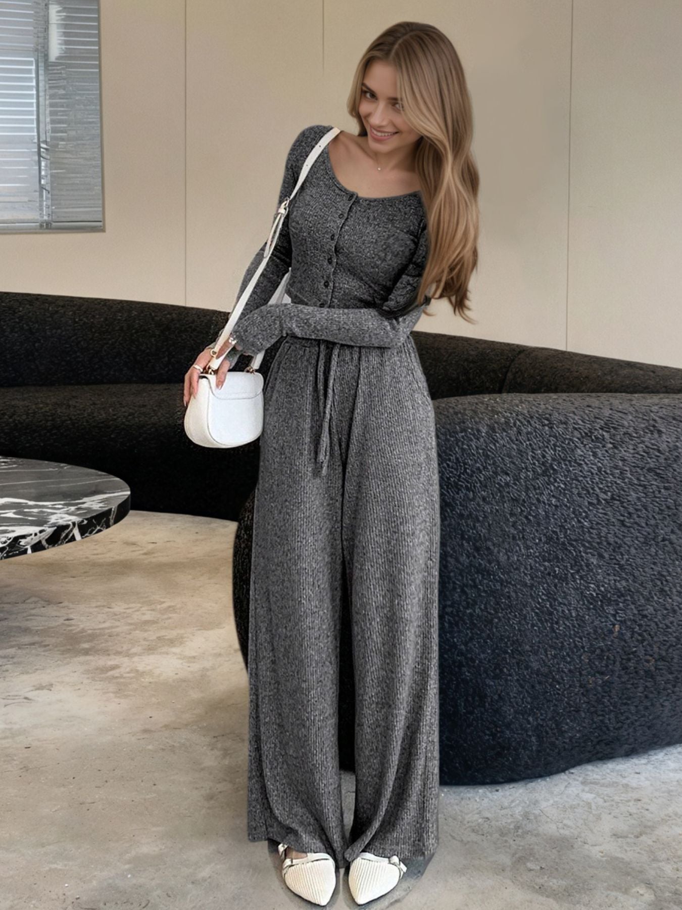 Casual Knit Long Sleeve Top and Wide Leg Pants Set Secondary image
