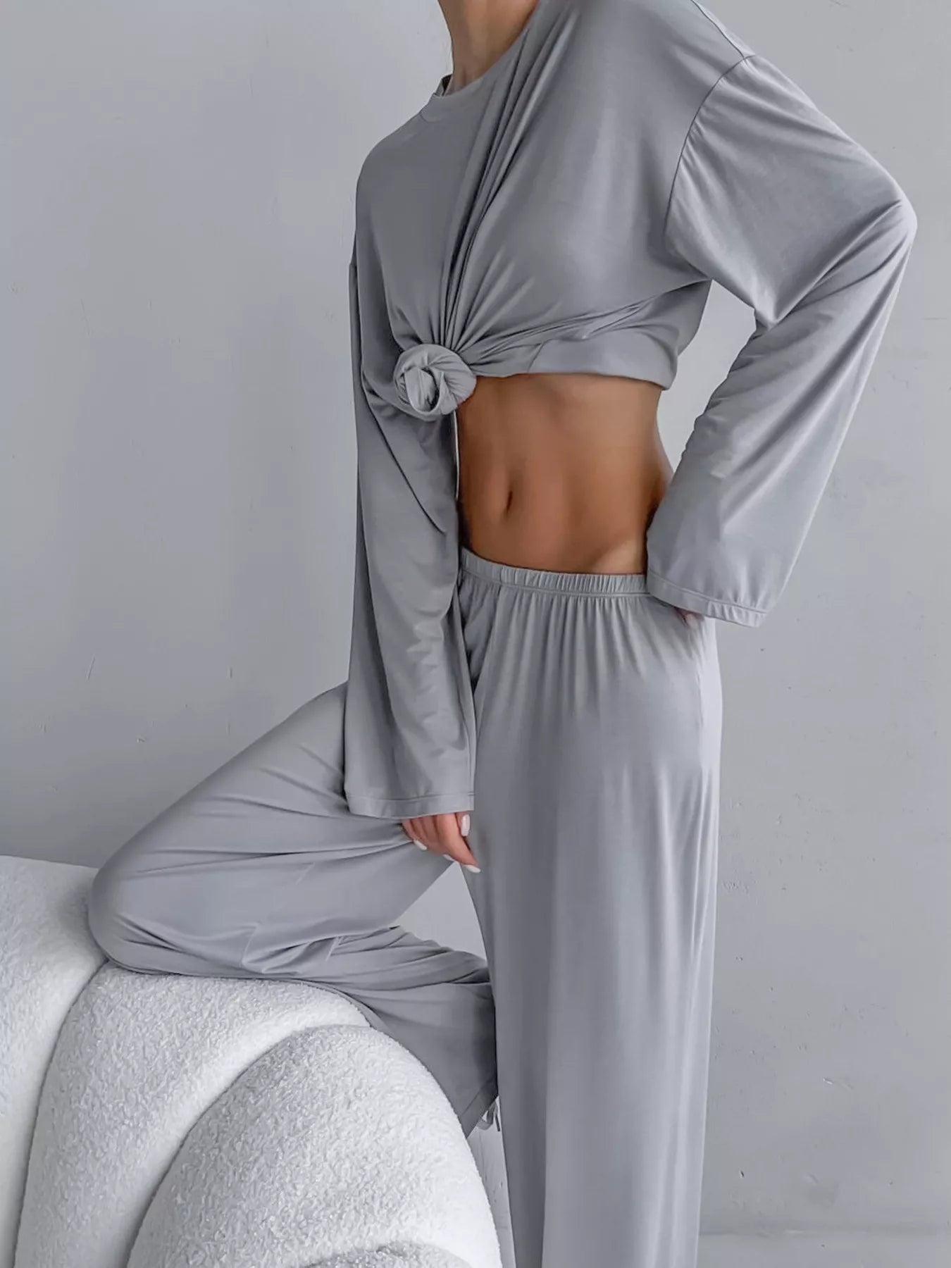 Solid Color Long Sleeve Top and Pants Set Secondary image