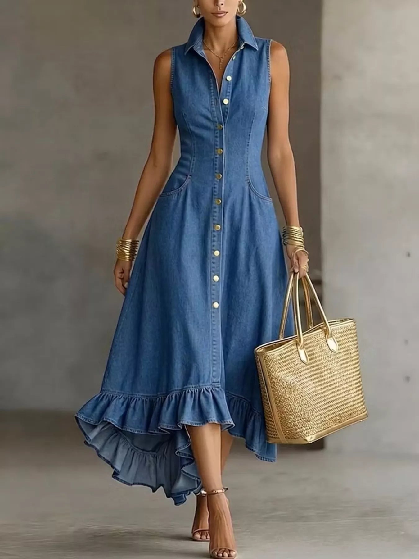 Full Size Sleeveless Ruffled Hem Denim Dress Plus Size Secondary image