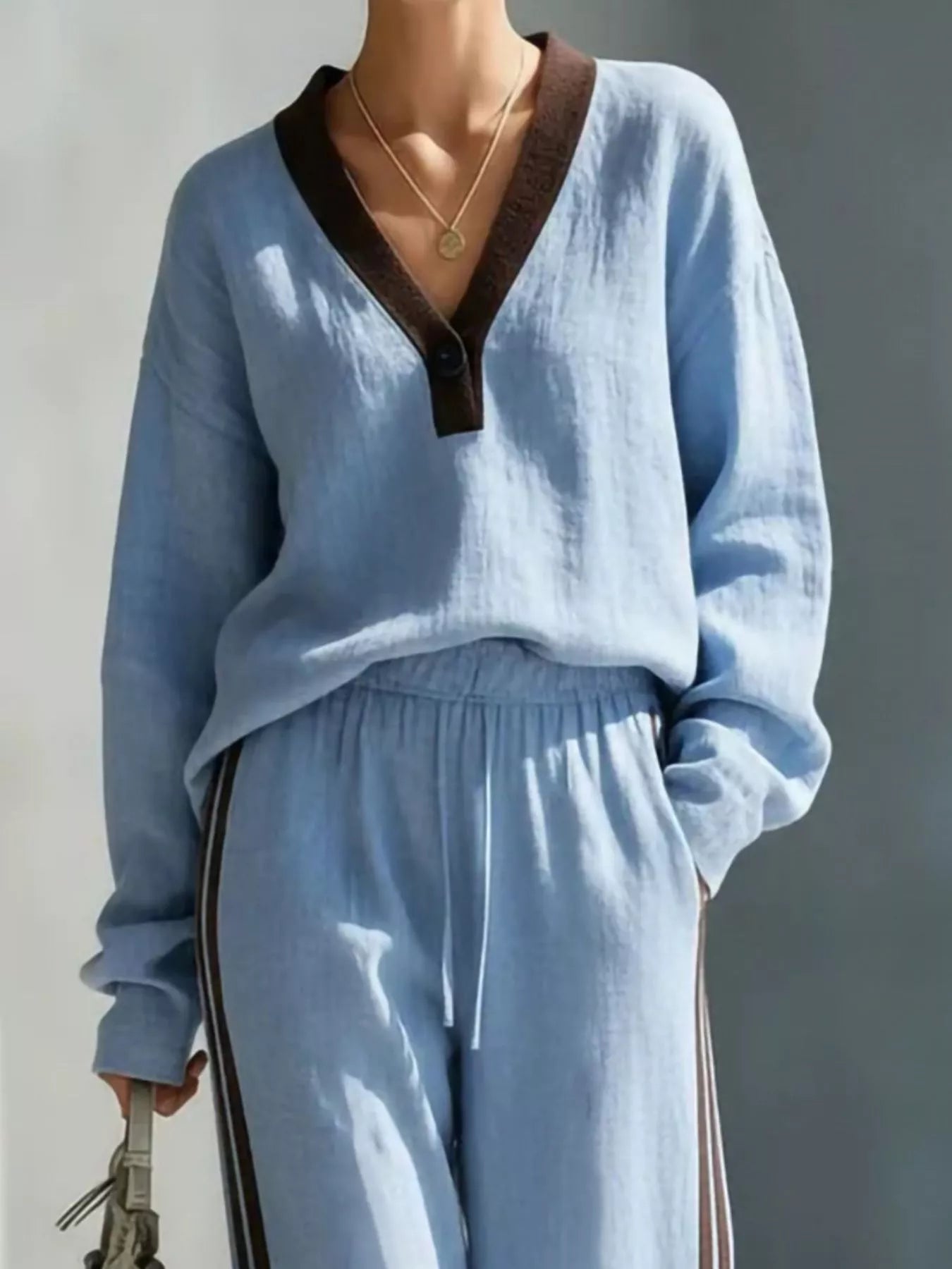 Contrast V-Neck Top and Striped Pants Set Secondary image