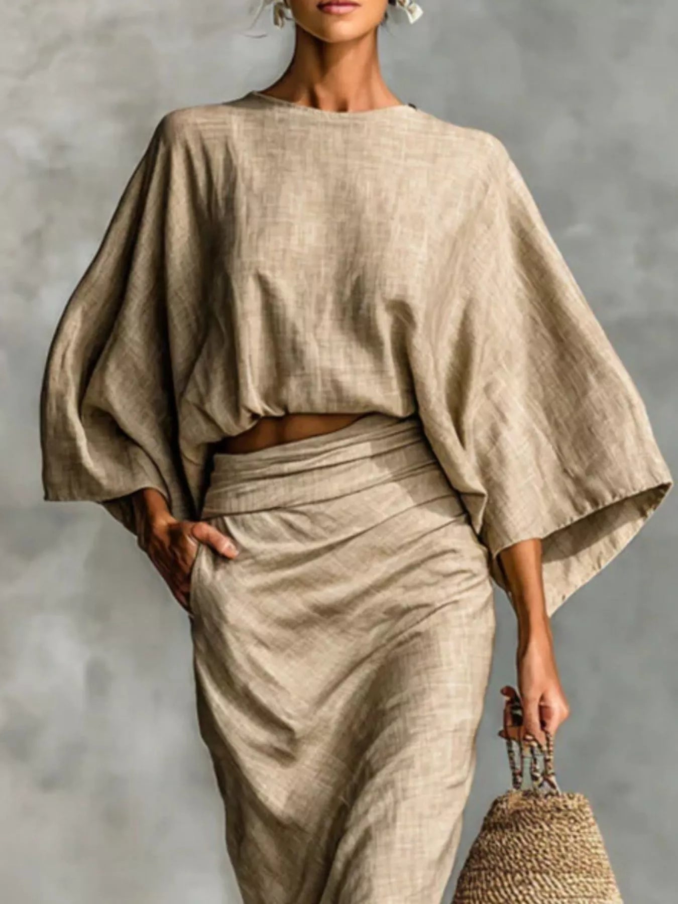 Full Size Kimono Sleeve Top and Ruched Skirt Set Plus Size Secondary image