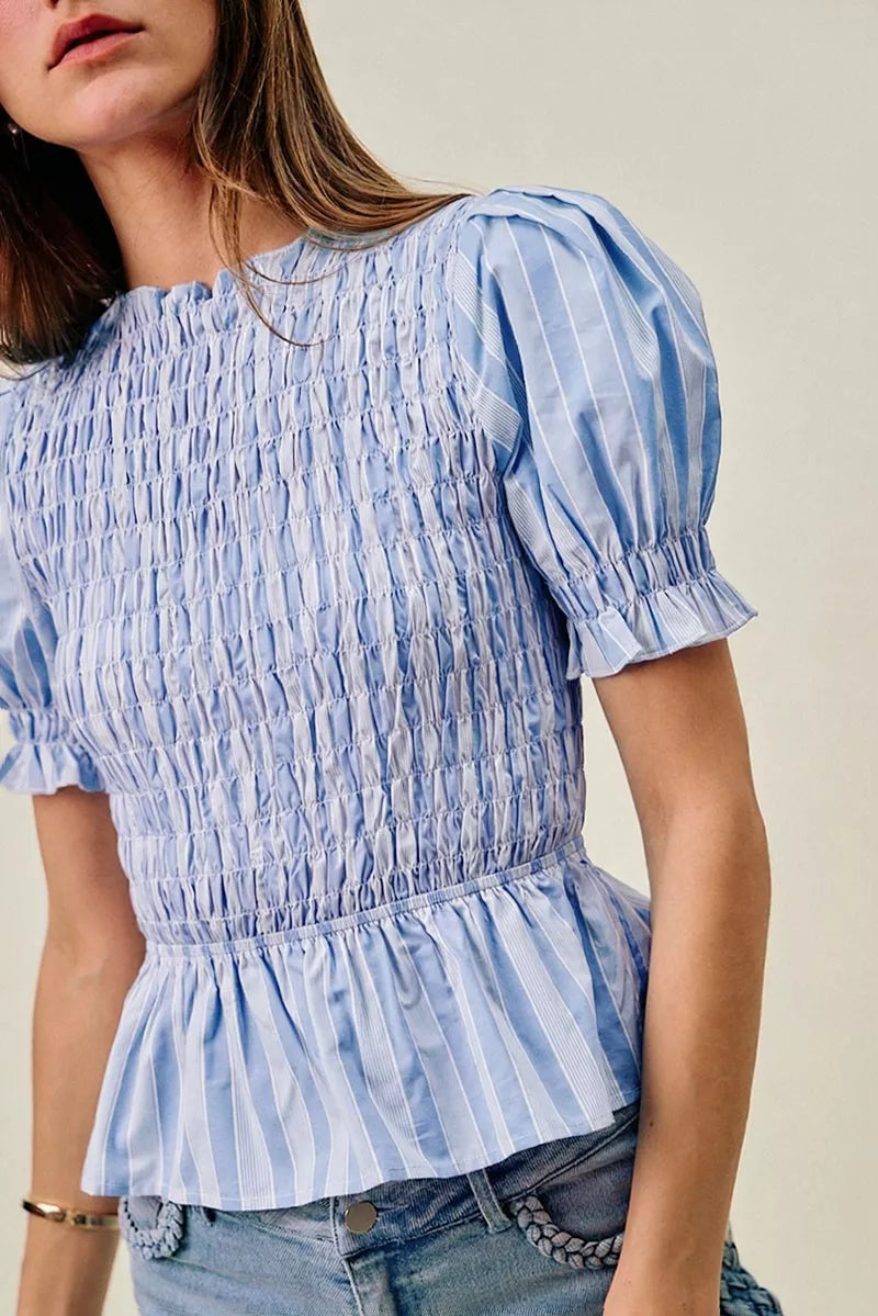 SO ME Stripe Smocked Bodice Puff Sleeves Blouse Top Secondary image