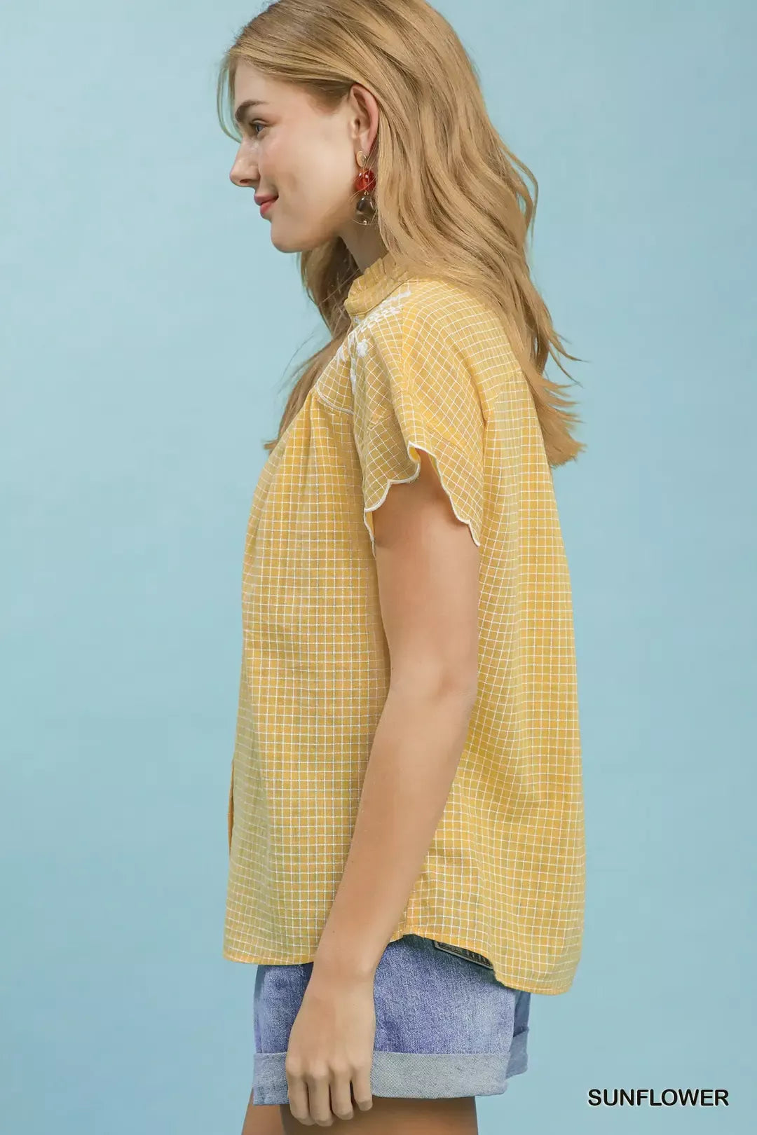 Umgee Embroidered Print Scallop Sleeve Button Front Blouse Secondary image