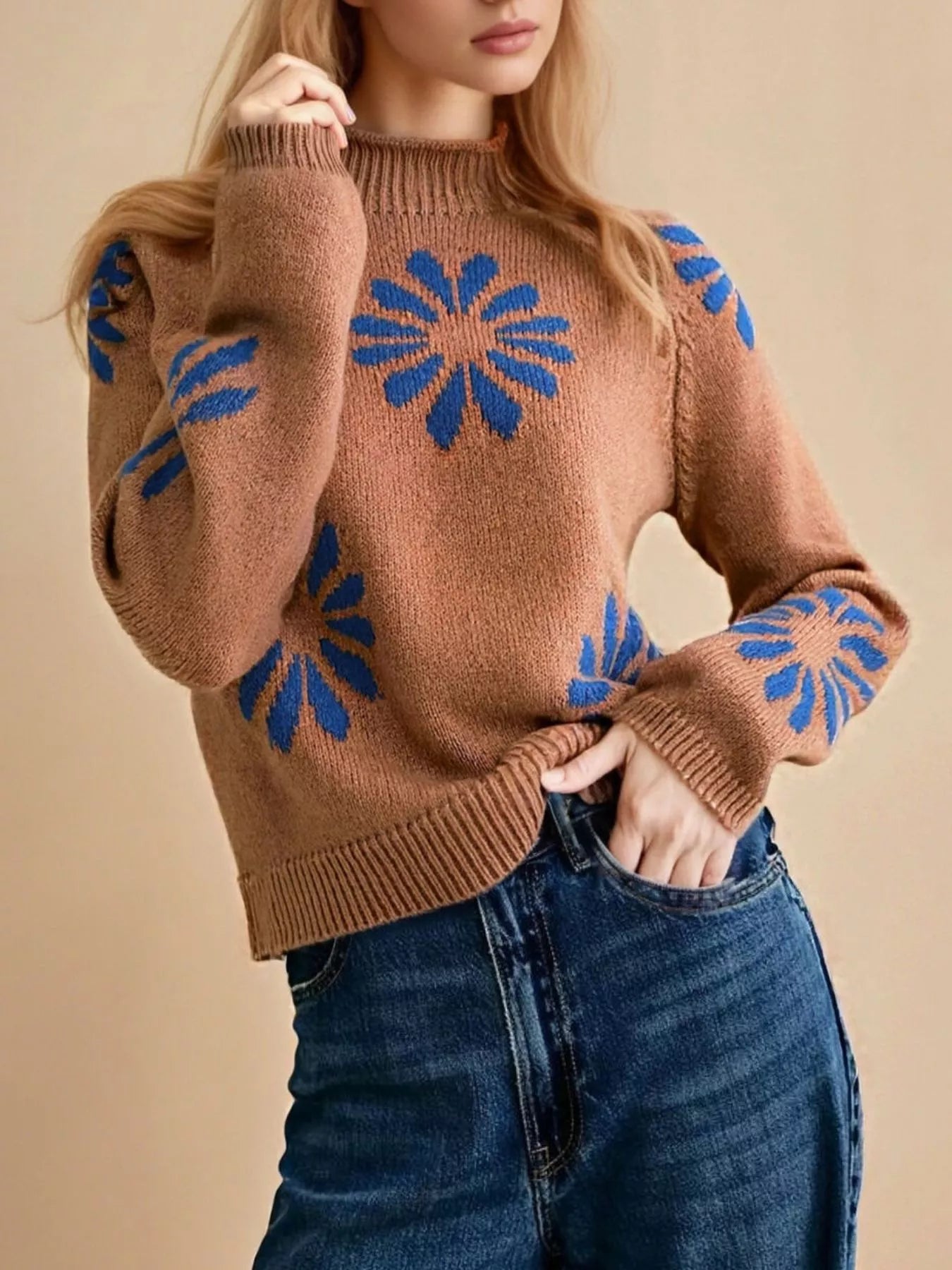 Flower Mock Neck Raglan Sleeve Sweater Secondary image