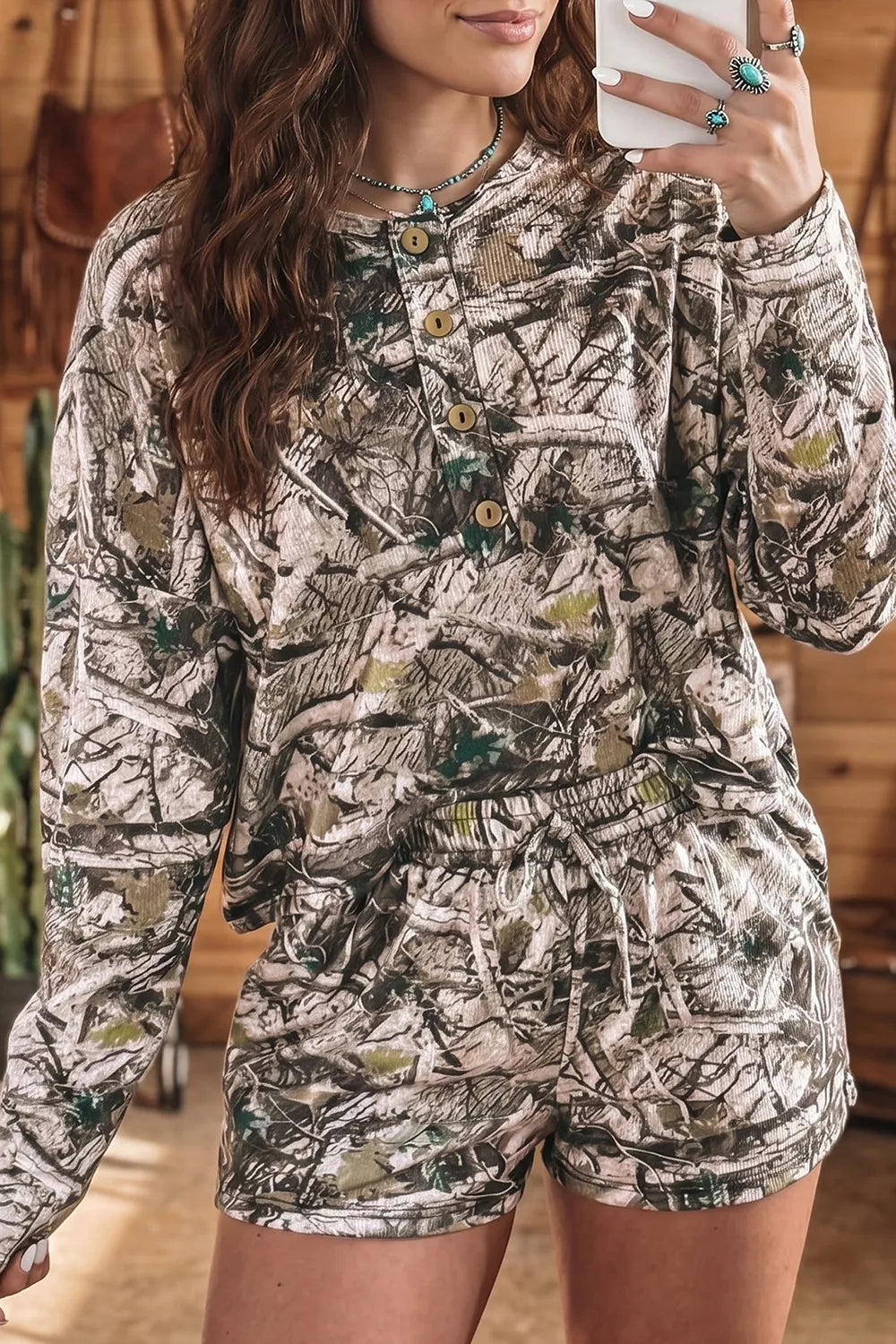 Camo Long Sleeve Top Elastic Waist Shorts Two Piece Set Secondary image