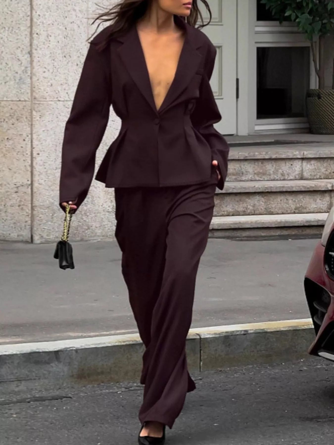 One-Button Blazer and Wide-Leg Pants Set Secondary image