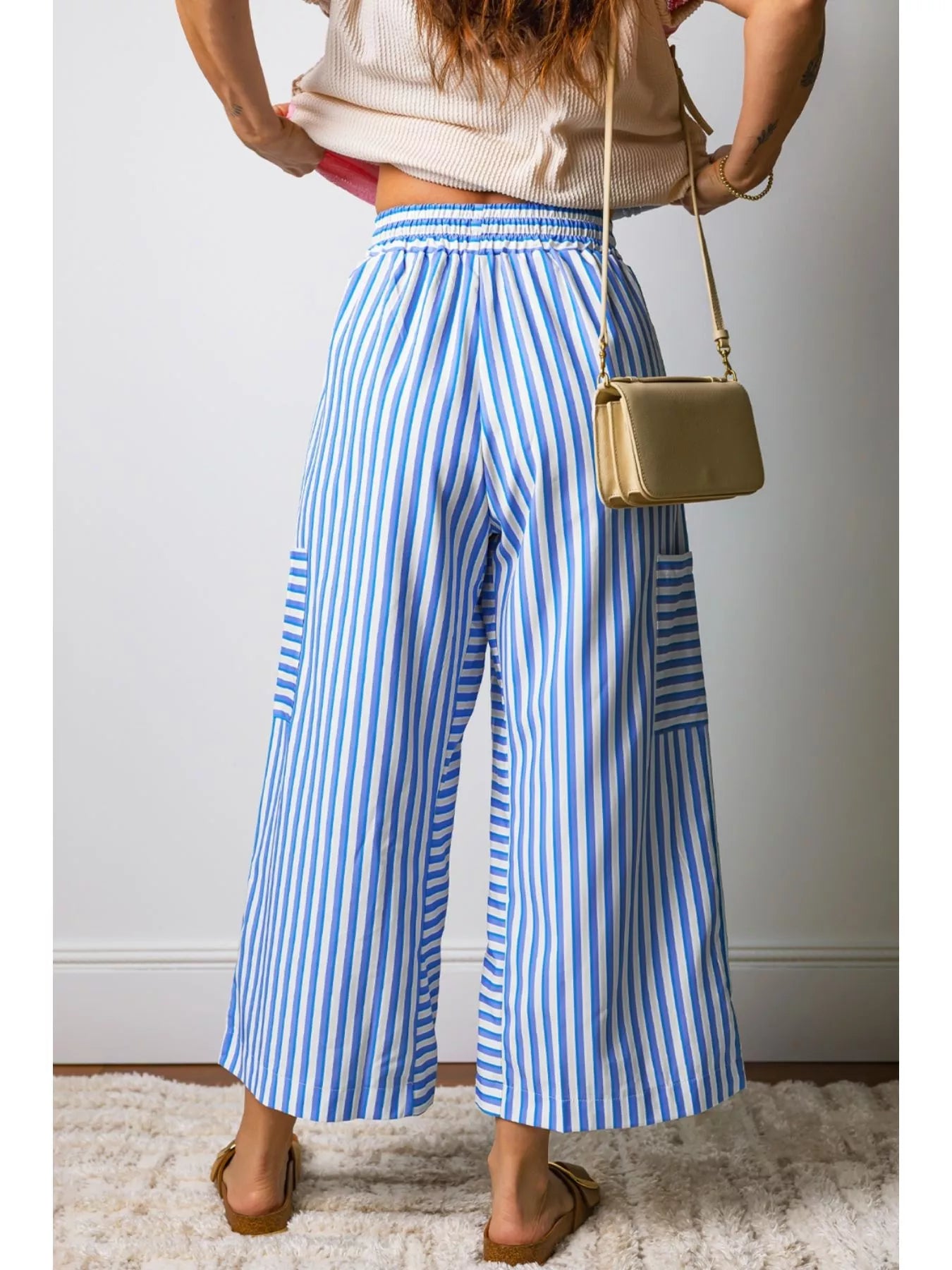 Stripe Drawstring Elastic Waist Patch Pocket Wide Leg Ankle-length Pants Secondary image