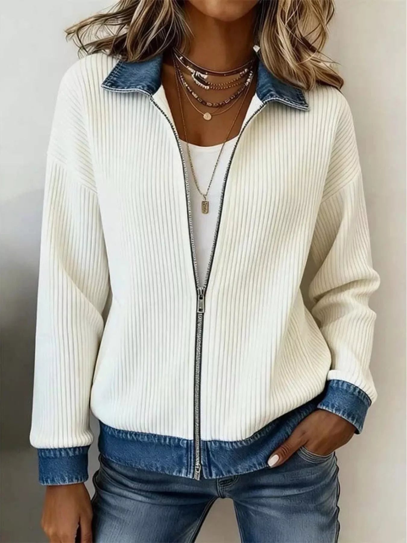Contrast Denim Collar Ribbed Knit Jacket Secondary image