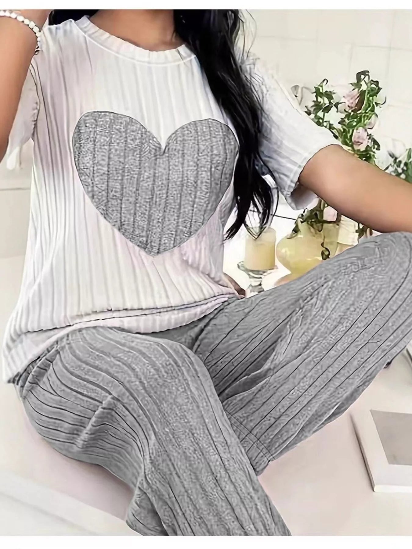 Heart Ribbed Knit Top and Pants Lounge Set Secondary image