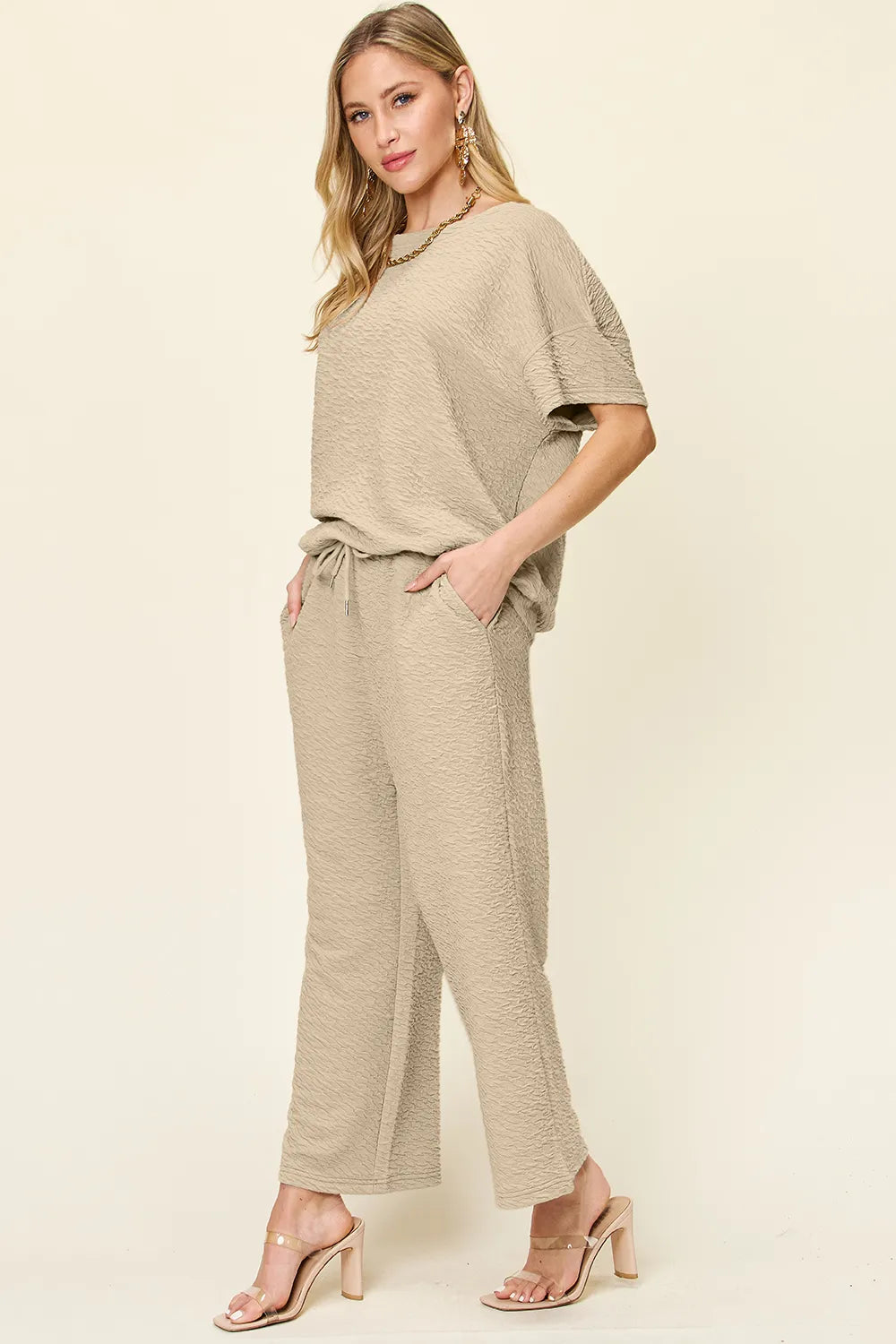 Double Take Full Size Texture Short Sleeve Top and Pants Set Secondary image