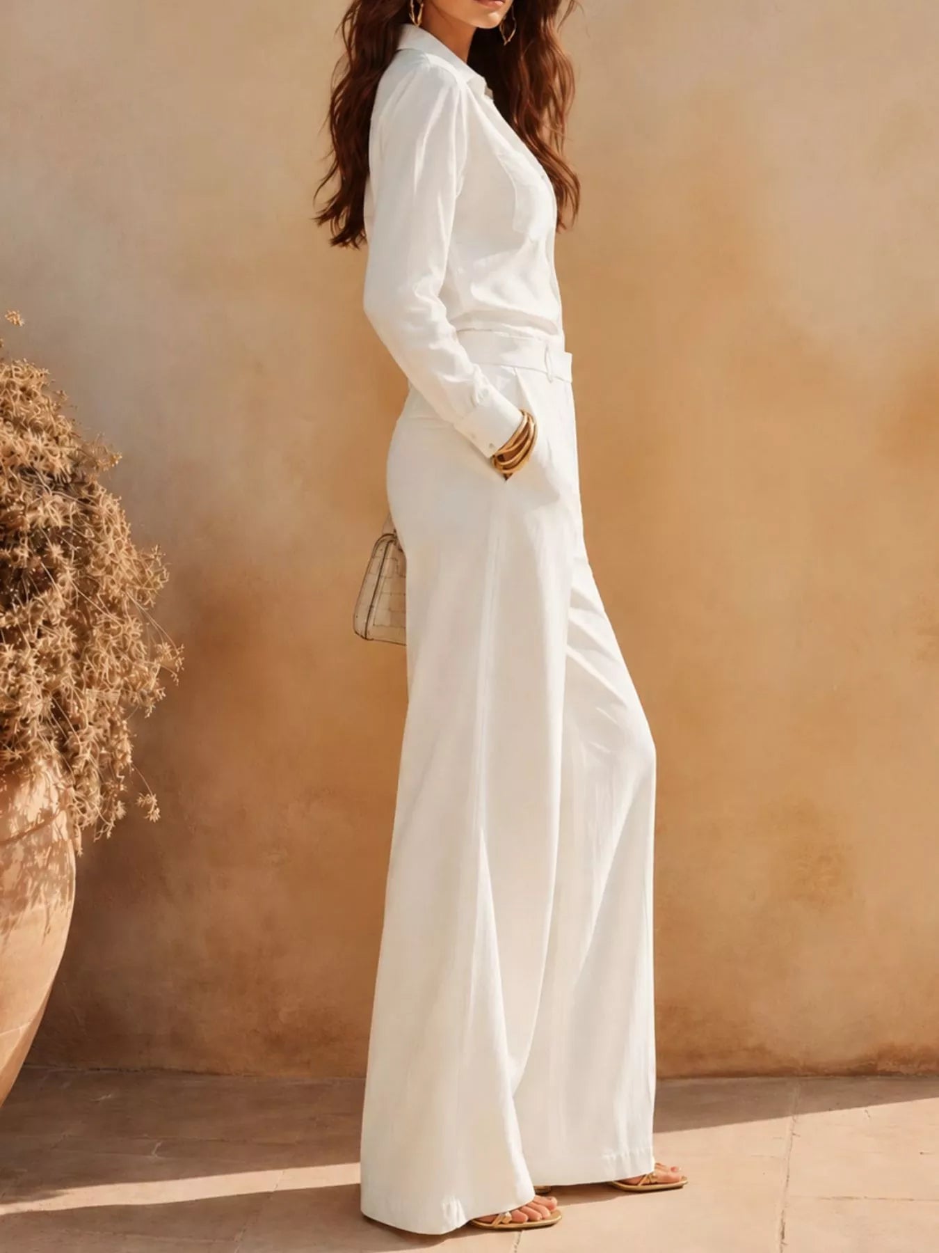 Long Sleeve Shirt and Wide-Leg Pants Set Secondary image