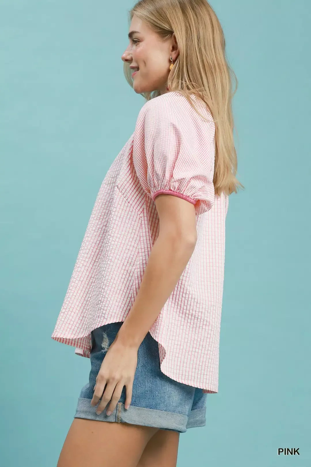 Umgee Checker Puff Sleeve Button Front Blouse Secondary image