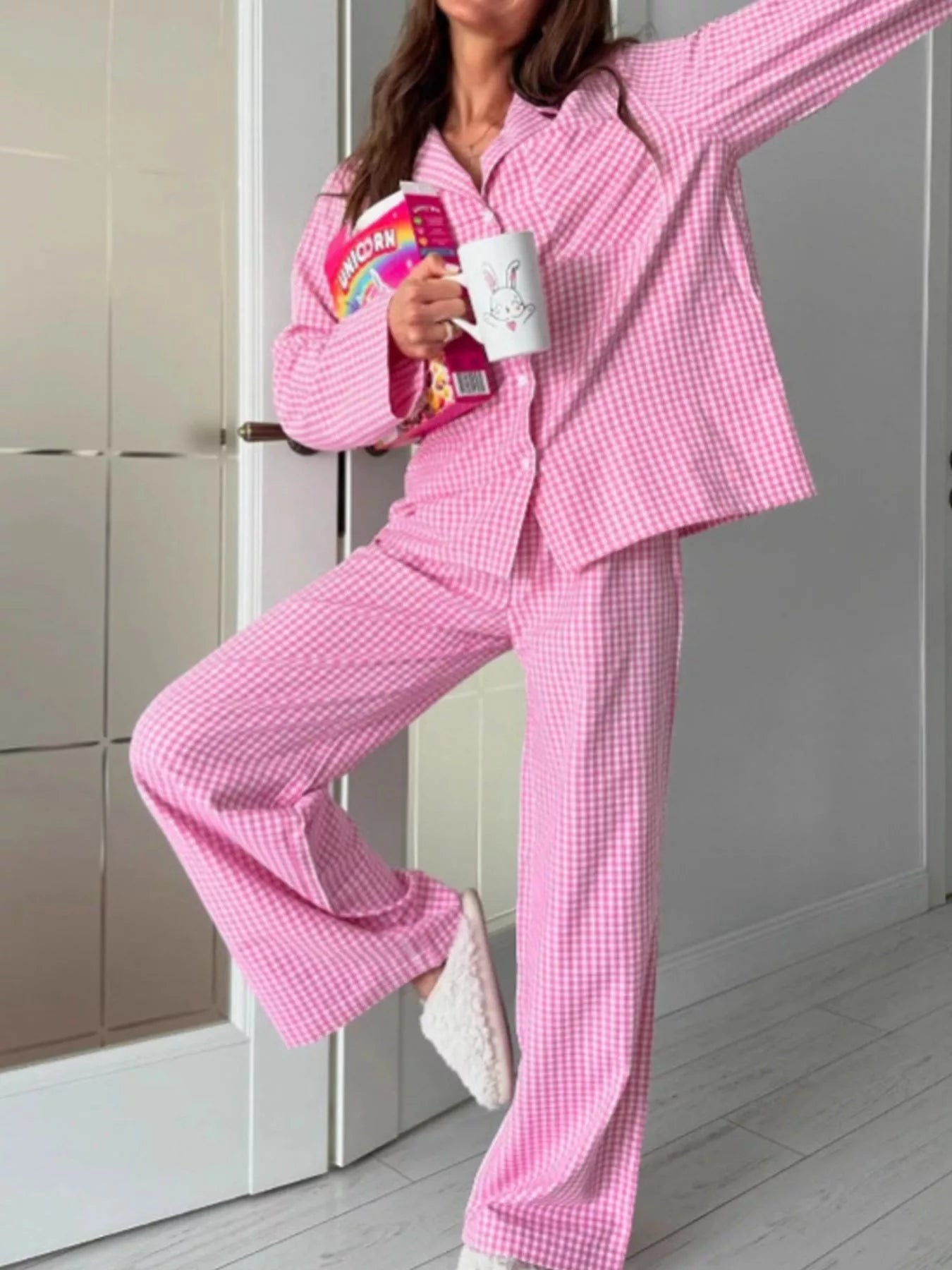 Gingham Button-Down Top and Pants Loungewear Set Secondary image