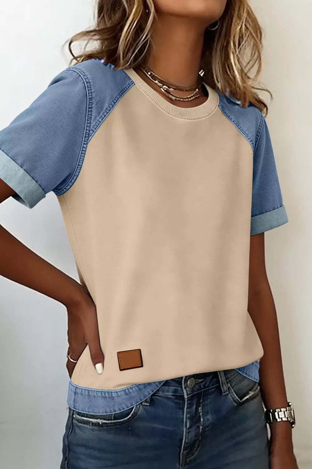 Denim Color Block Patchwork Round Neck Tee Secondary image