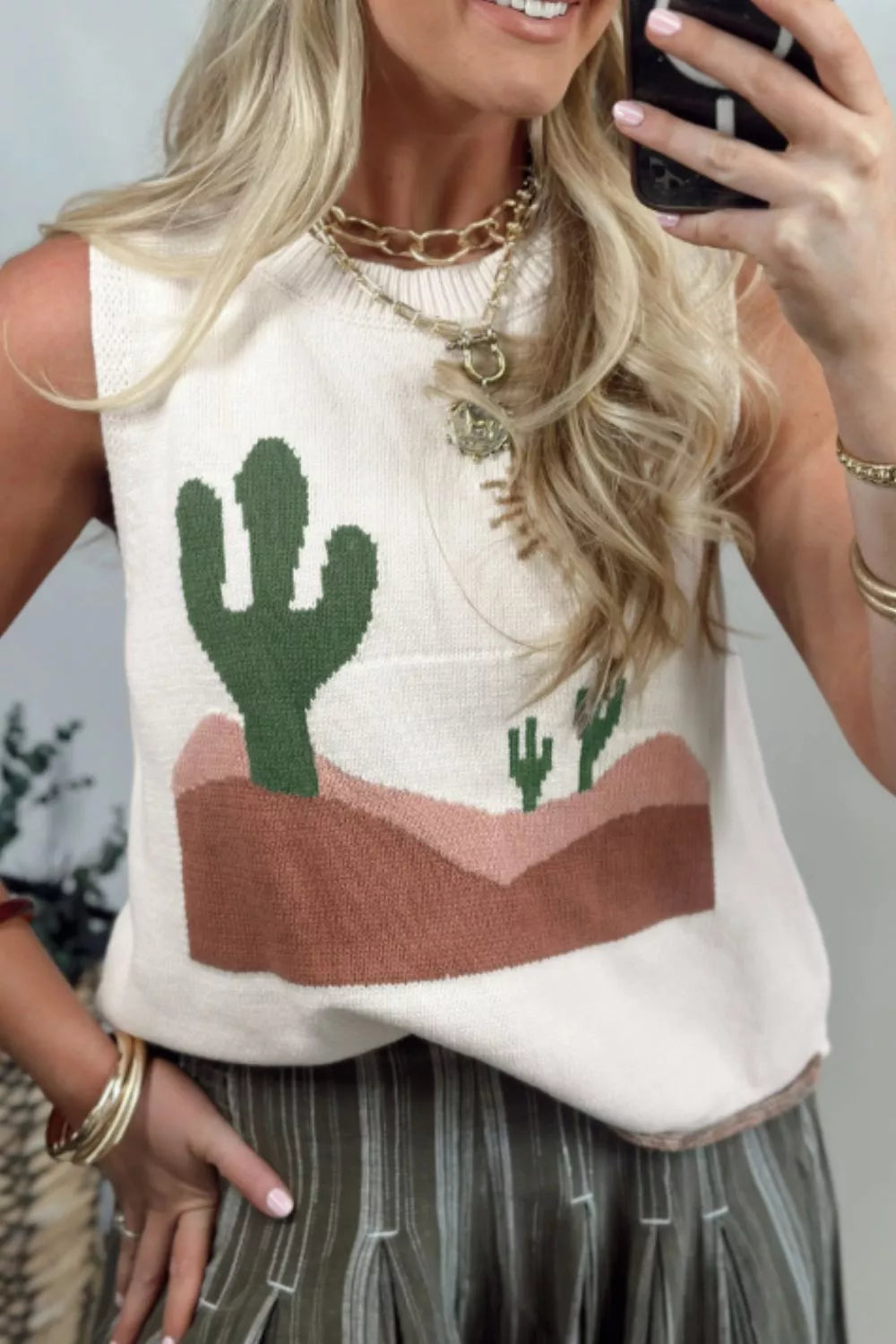 Multicolour Cactus Western Oasis Loose Sweater Vest Secondary image