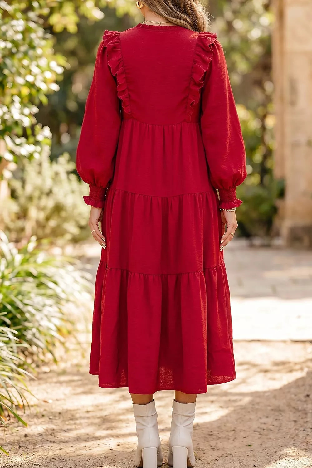 Solid Color Ruffle Trim Long Sleeve Tiered Shift Midi Dress Secondary image