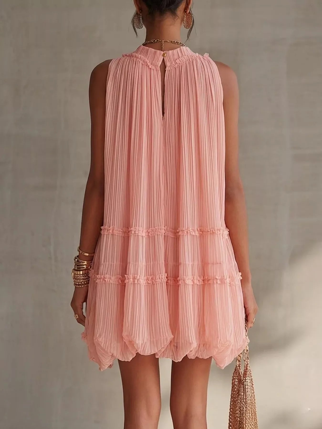 Pleated Mock Neck Sleeveless Mini Dress Secondary image