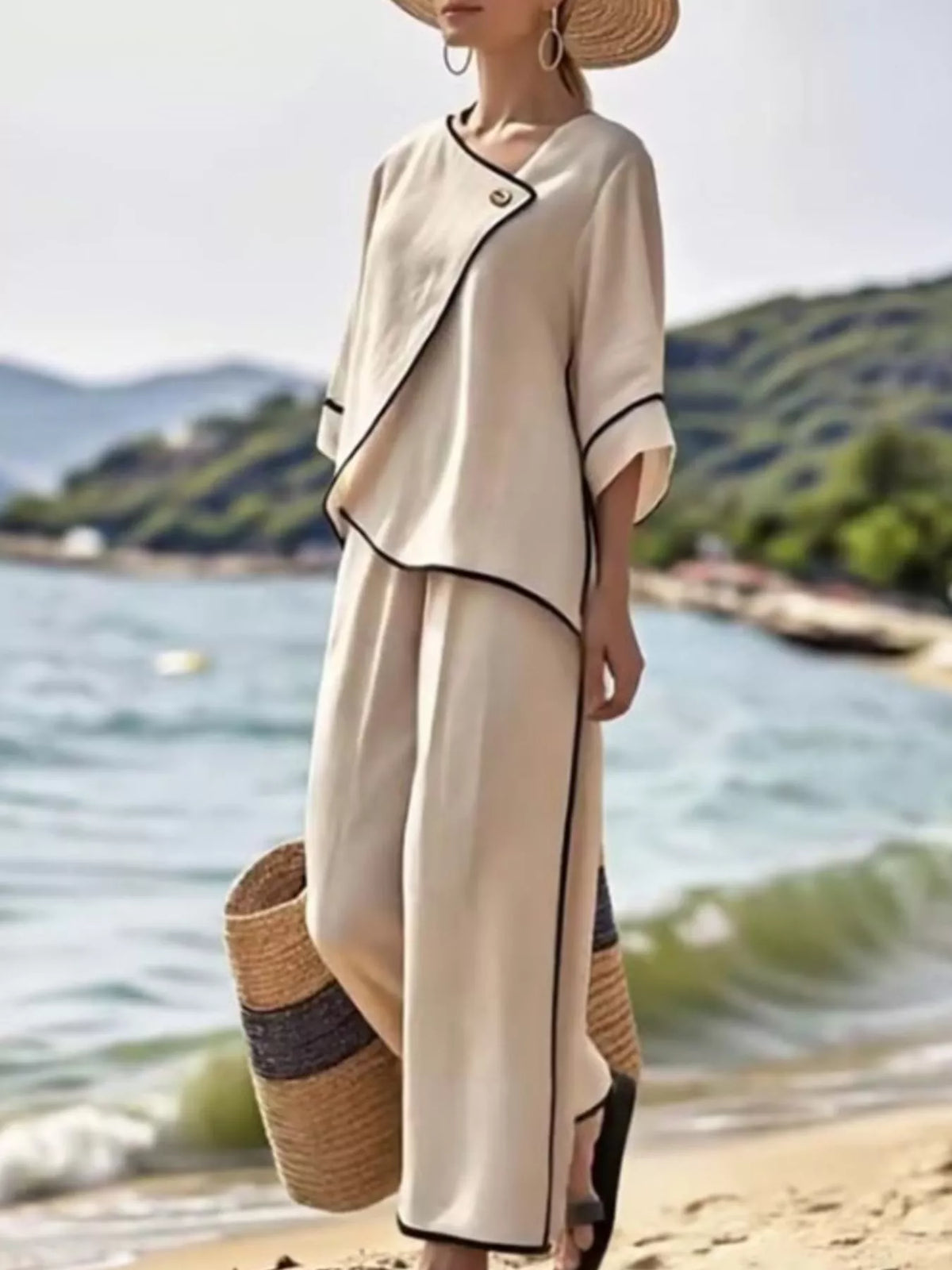 Full Size Contrast Trim Top and Wide Leg Pants Set Plus Size – Khaki / Grey - photo 3