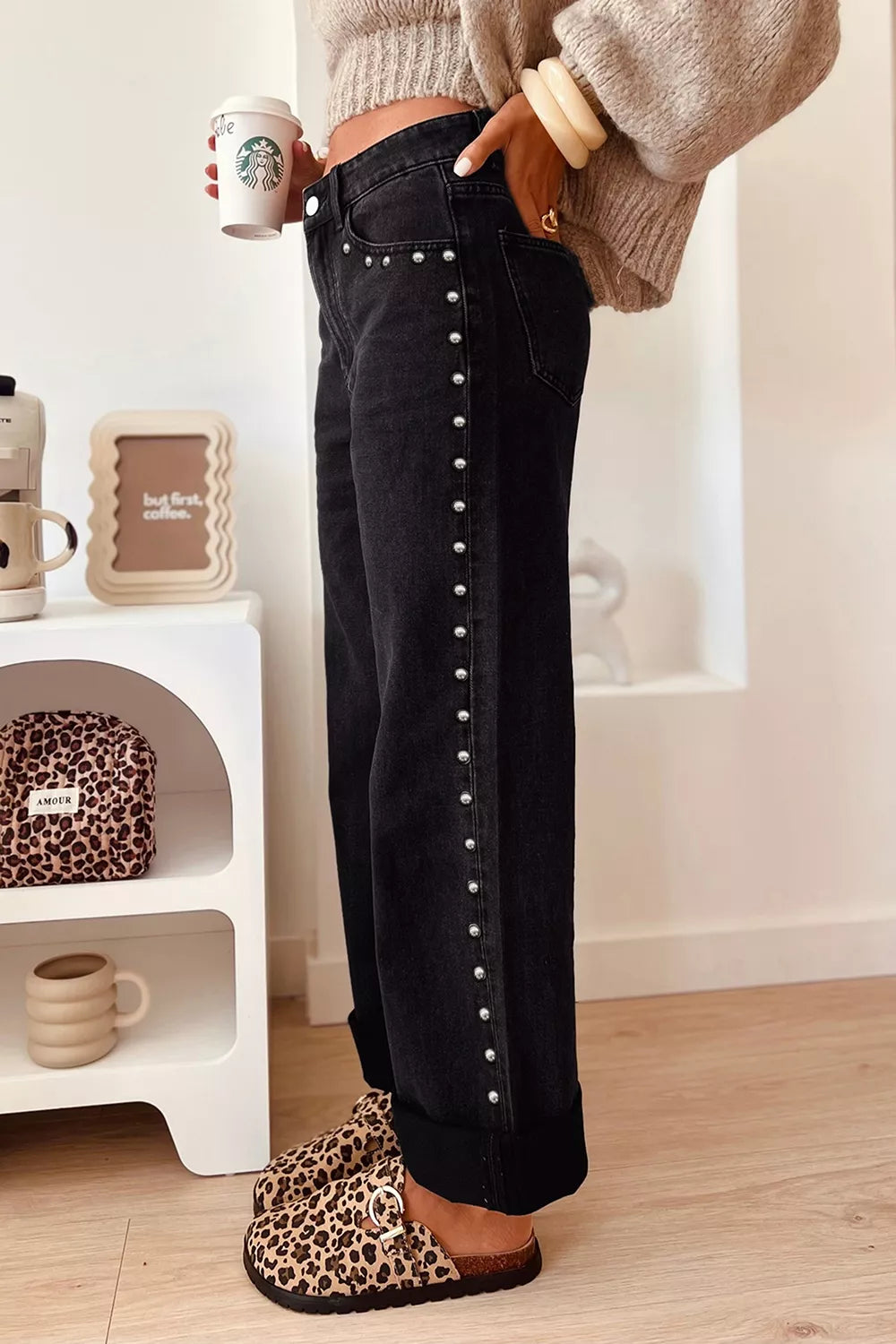 Studded Detail Straight Leg Casual Loose Jeans Secondary image