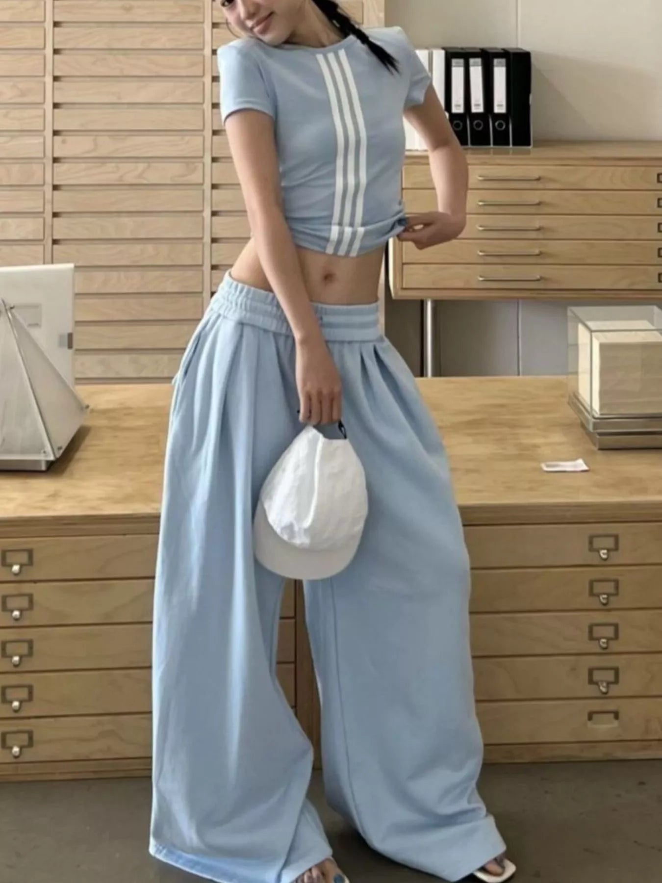 Full Size Striped Crop Top & Wide Leg Pants Set Plus Size Secondary image