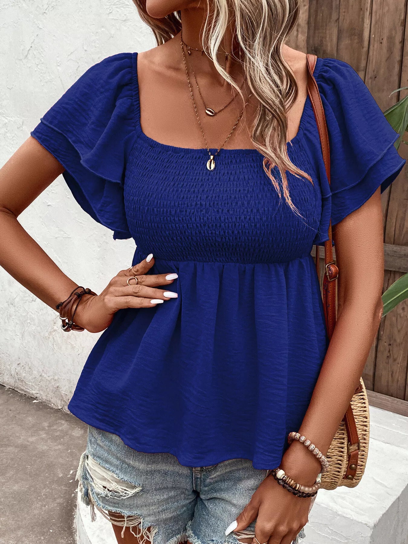 Smocked Square Neck Ruffle Sleeve Blouse Secondary image