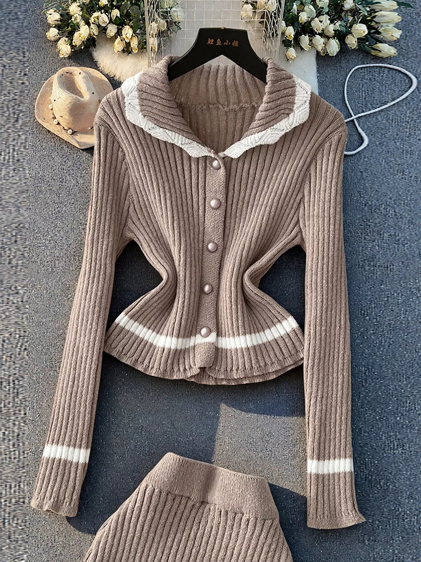Ribbed Knit Cardigan and Skirt Sweater Set Secondary image