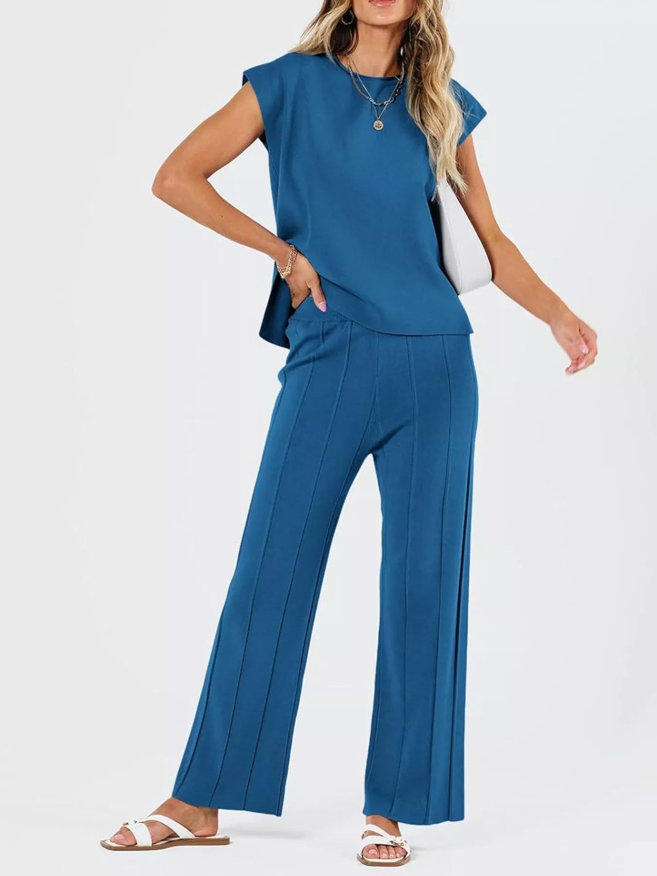Casual Solid Color Cap Sleeve Top and Pants Knit Set Secondary image