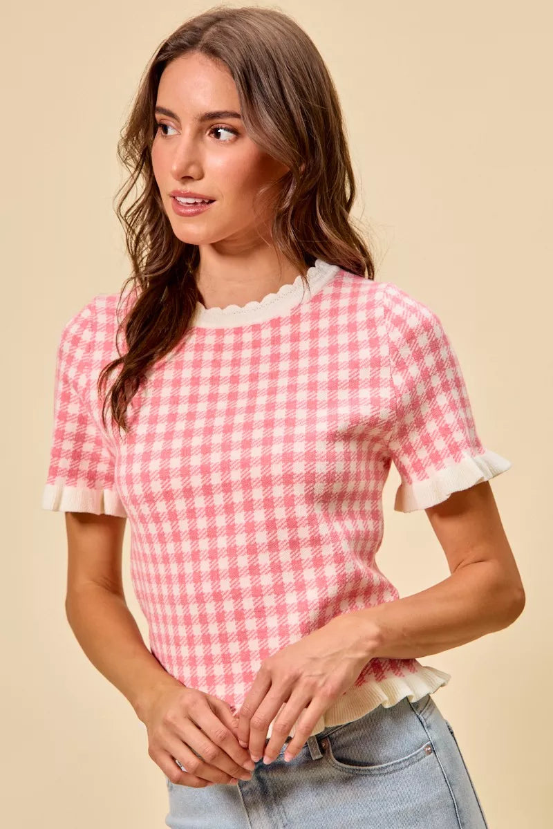 SO ME Gingham Knit Ruffled Short Sleeves Sweater Top Secondary image