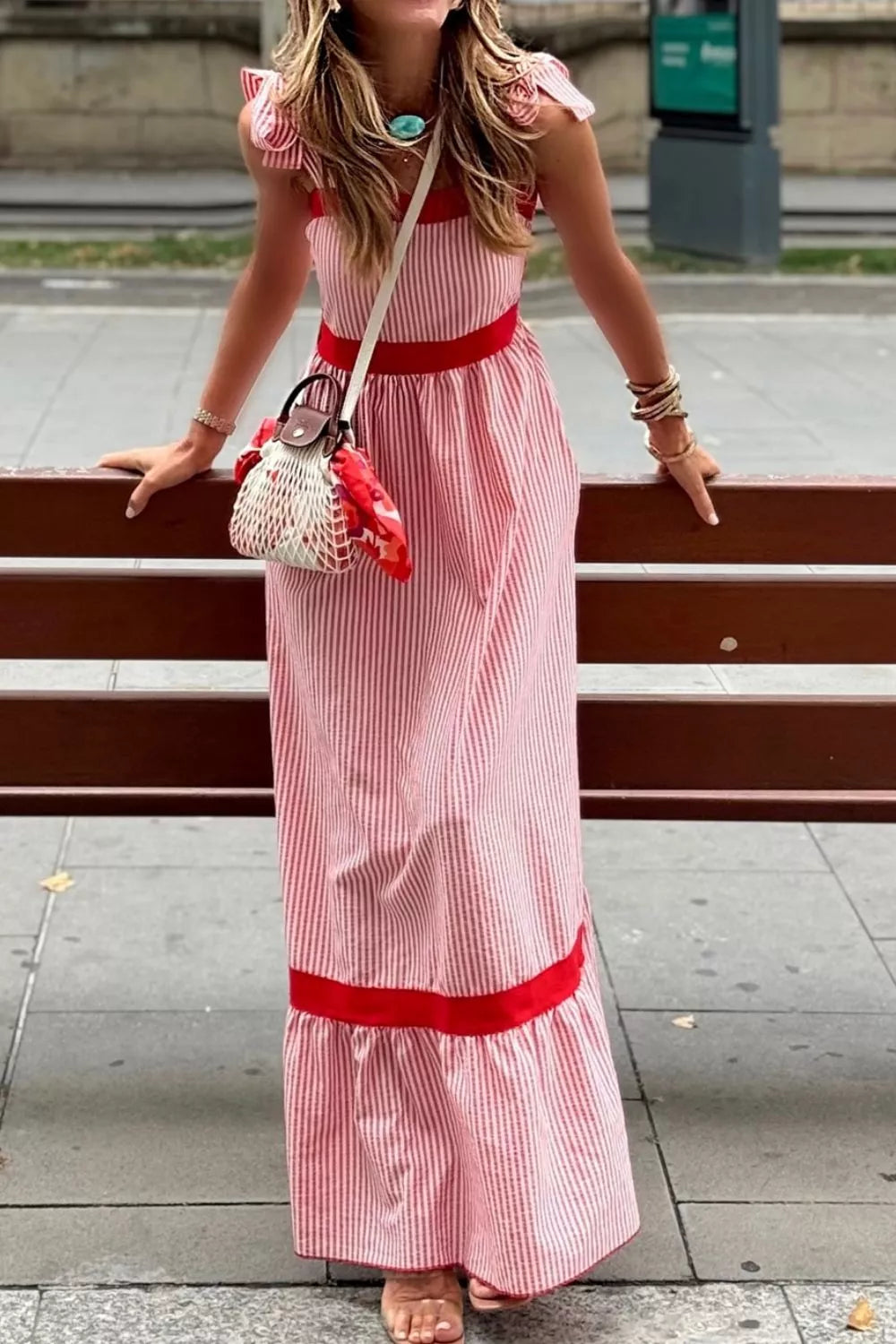Stripe Bow Knot Straps Contrast Trim High Waist Ruffle Hem Maxi Dress Secondary image