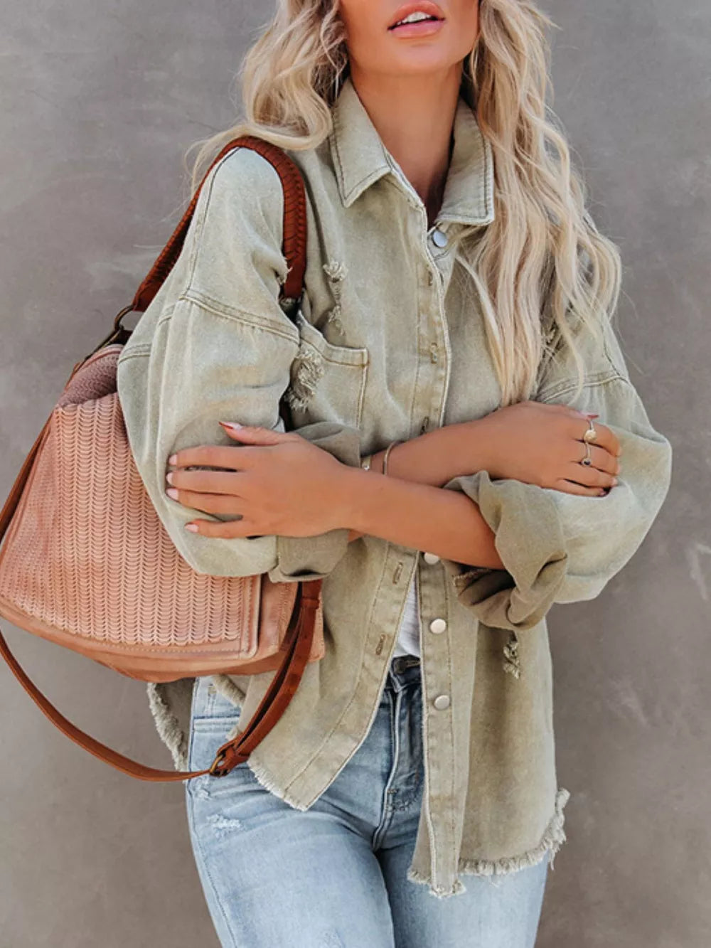 Raw Hem Button Up Denim Shacket Secondary image