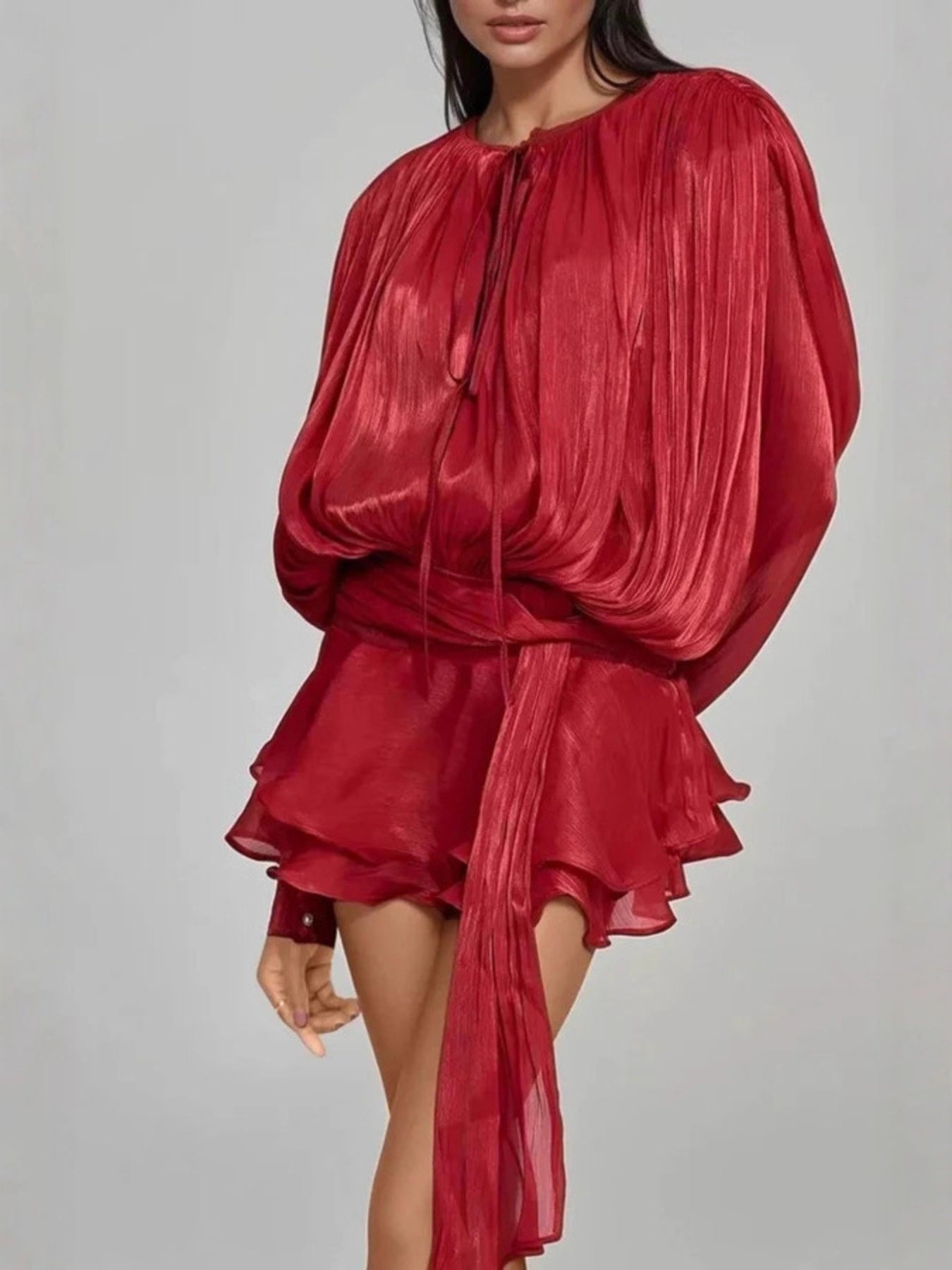 Tie Front Balloon Sleeve Top and Skirt Set Secondary image