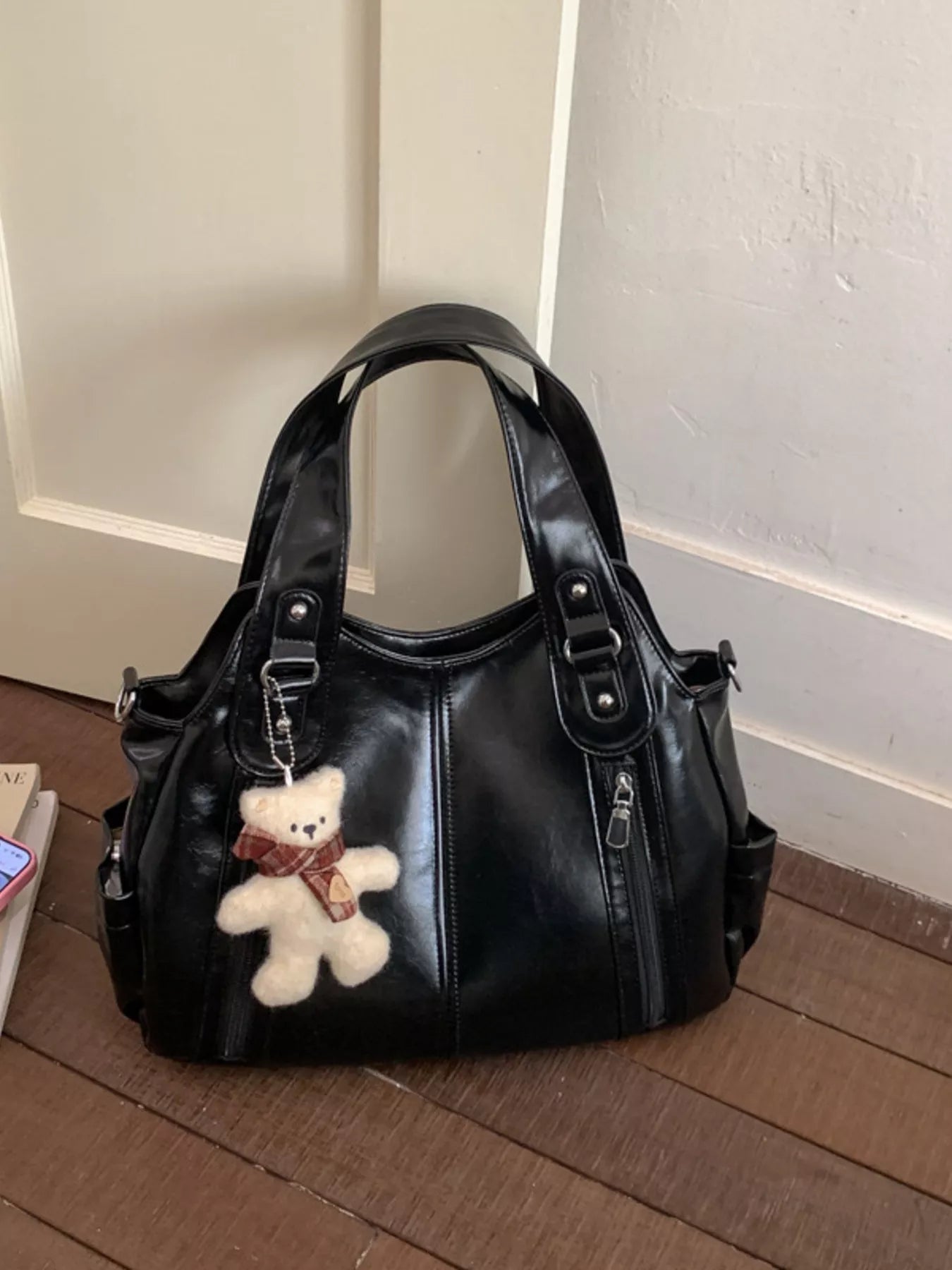 Leather Shoulder Bag with Bear Charm Secondary image
