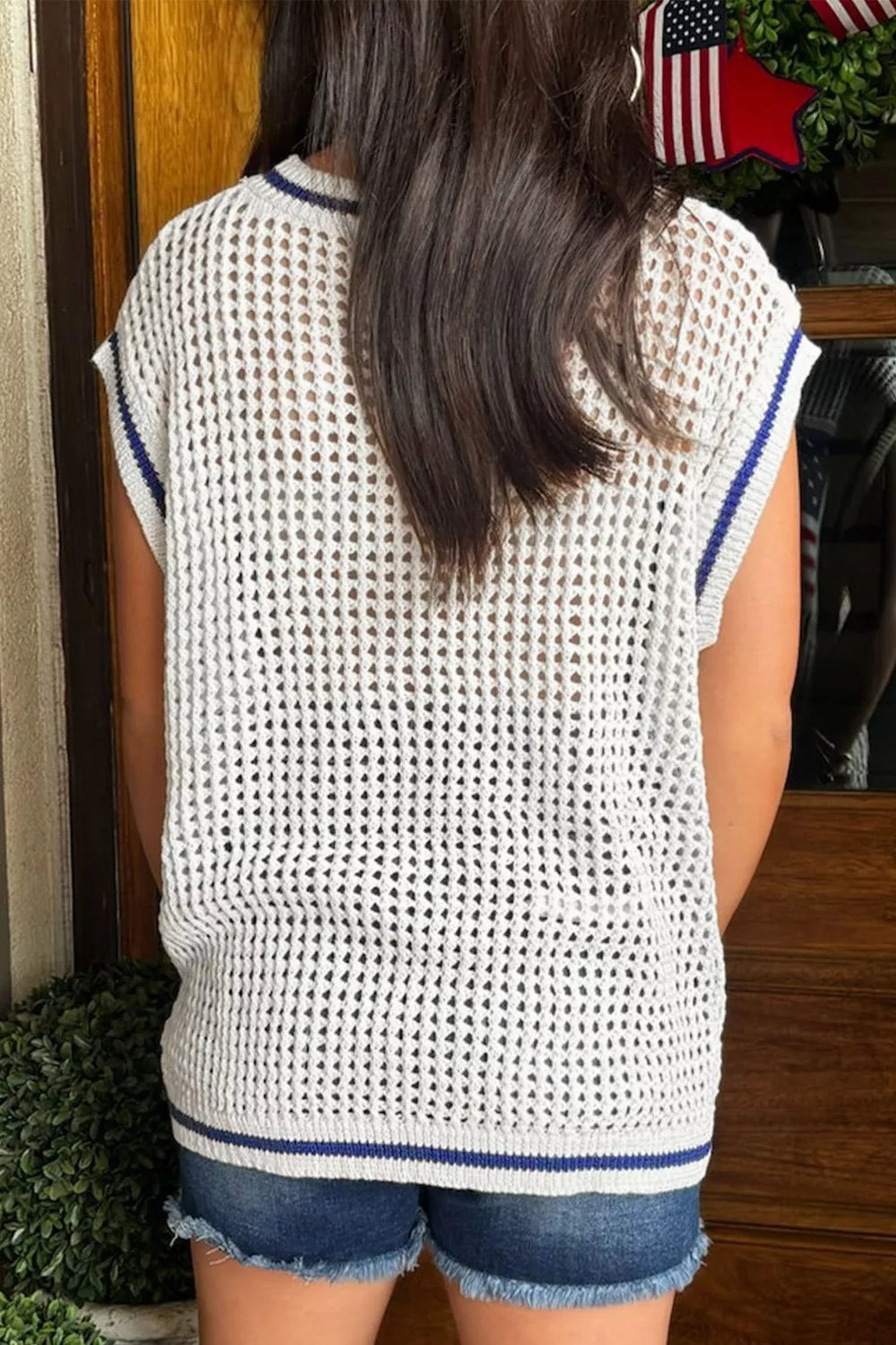USA Flag Eyelet Knitted Cap Sleeve Sweater Top Secondary image