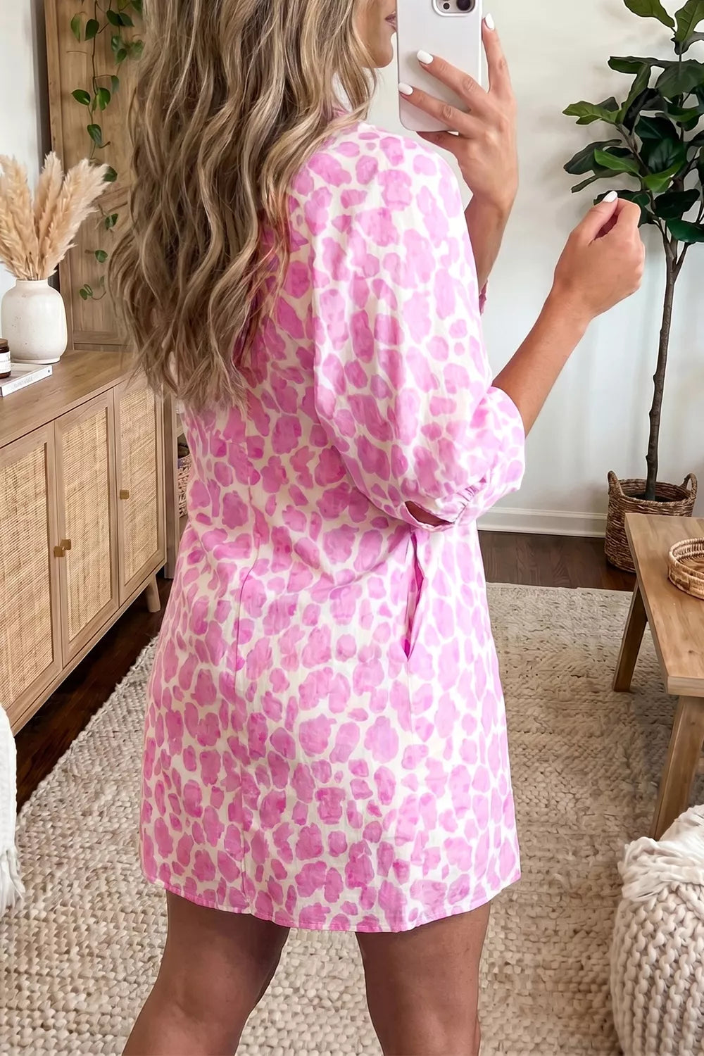 Abstract Leopard Print Tie Waist Puff Sleeve Mini Shirt Dress Secondary image